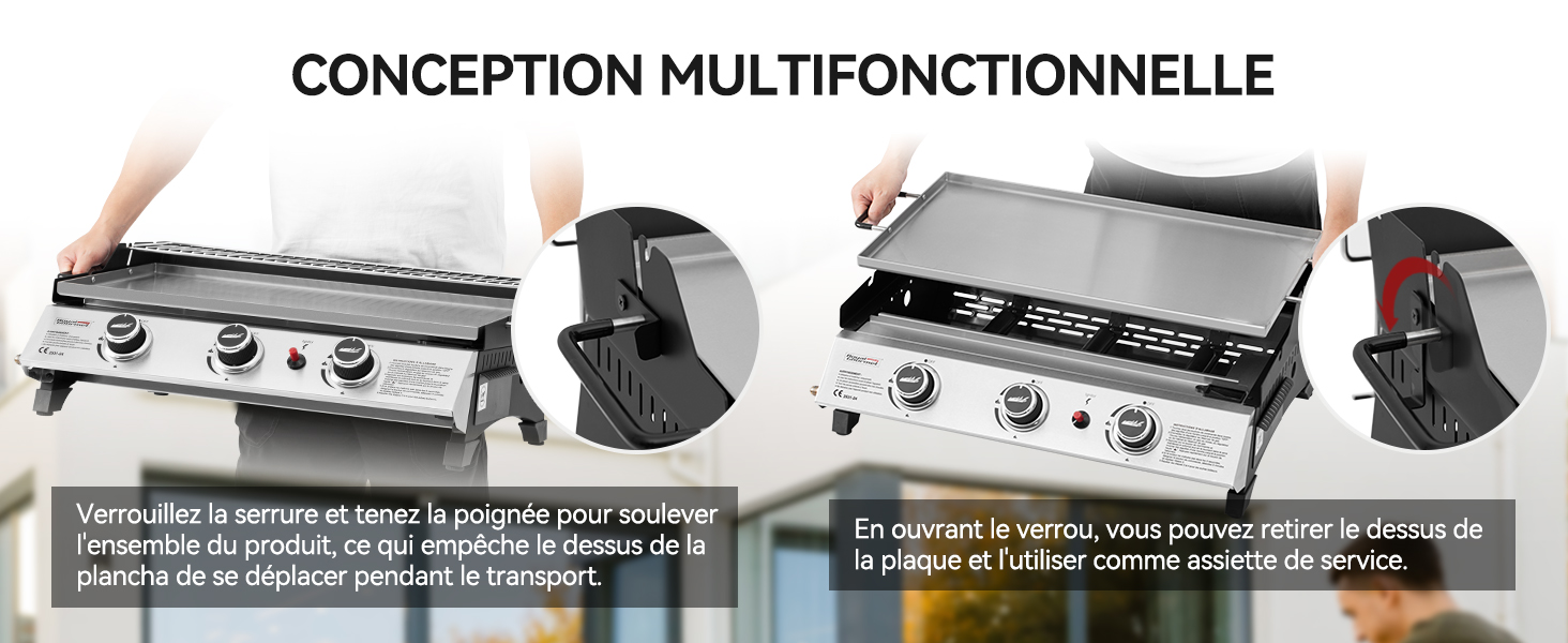 à brûleurs multiples présentant les caractéristiques détaillées de sa conception multifonctionnelle et de sa surface de cuisson sur des images pédagogiques étiquetées en français