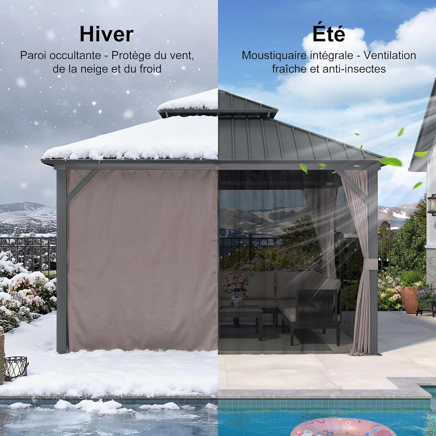 jardinite Tonnelle de Jardin Extérieur 3,65 x 3,65 m avec Guirlande Lumineuse, Pavillon Aluminium à Double Toit en Acier Galvanisé, Pergola Jardin Extérieur avec Rideaux pour Fête, Barbecue, Gris