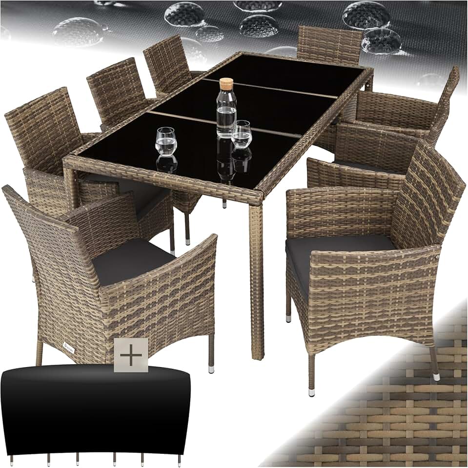 jardinite - Salon de jardin rotin, 8 fauteuils, table, housse, confort, marron naturel/gris foncé