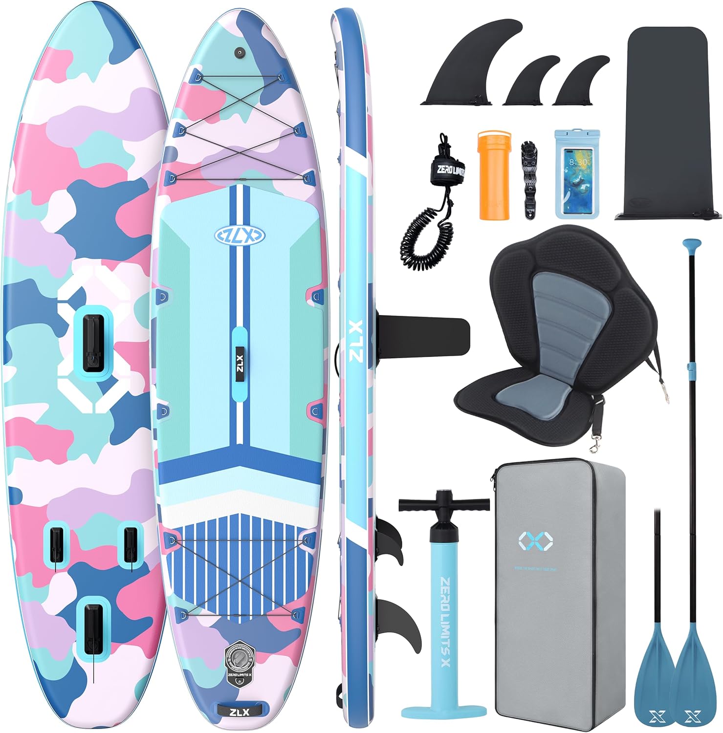 ZLX Paddle Gonflable 350 x 89 cm Extra Large Sup | Planche Stable Antidérapante, Aileron Amélioré, Accessoires Premium, Sac & Pompe Haute Pression, pour Adultes Tous Niveaux avec Siège Gonflable