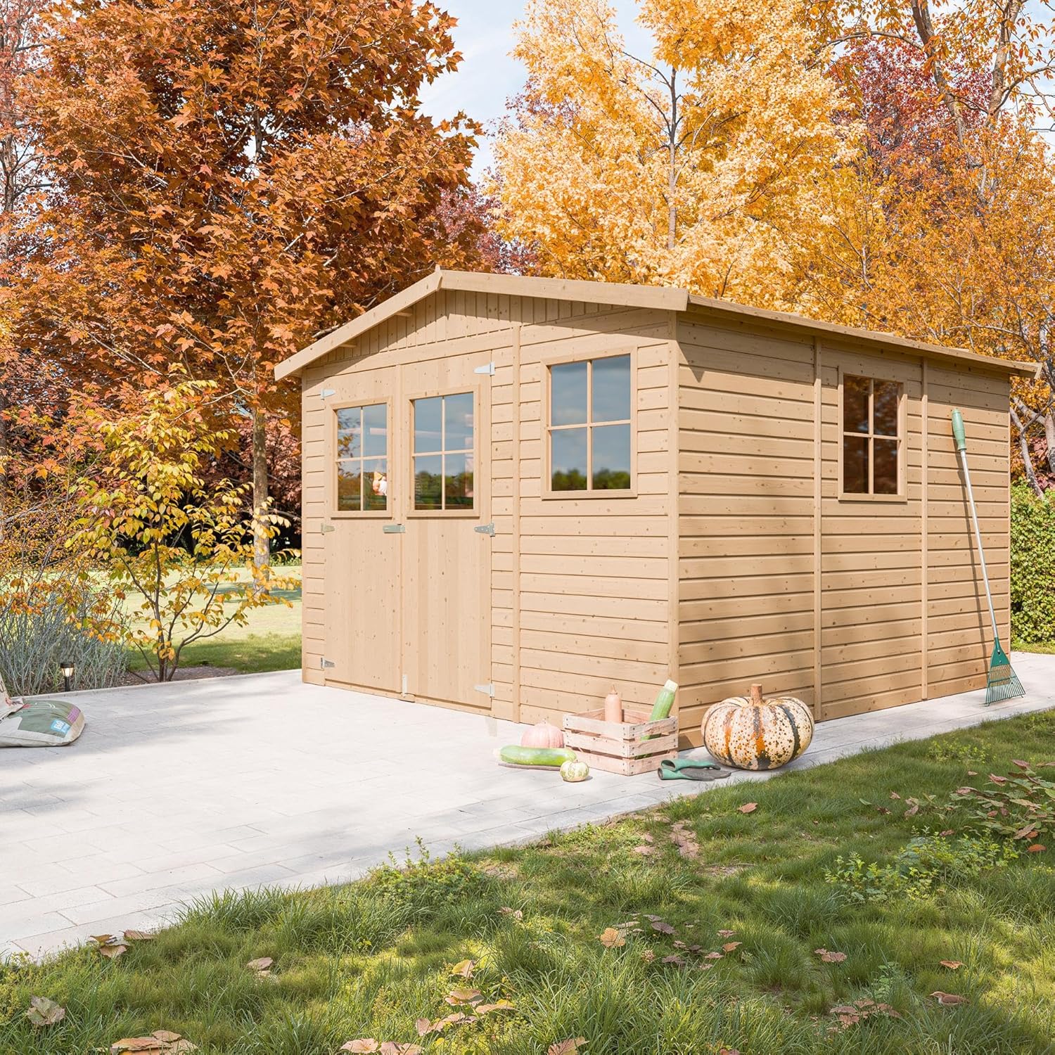 ABRI de Jardin en Bois Exterieur avec Les PLANCHERS IMPRÉGNÉ - Cabane de Jardin en Pin/épicéa- H226x316x324 cm/9 m²-Construction de Panneaux- Rangement pour vélos, Remise à Outils- jardinite M335+M335G