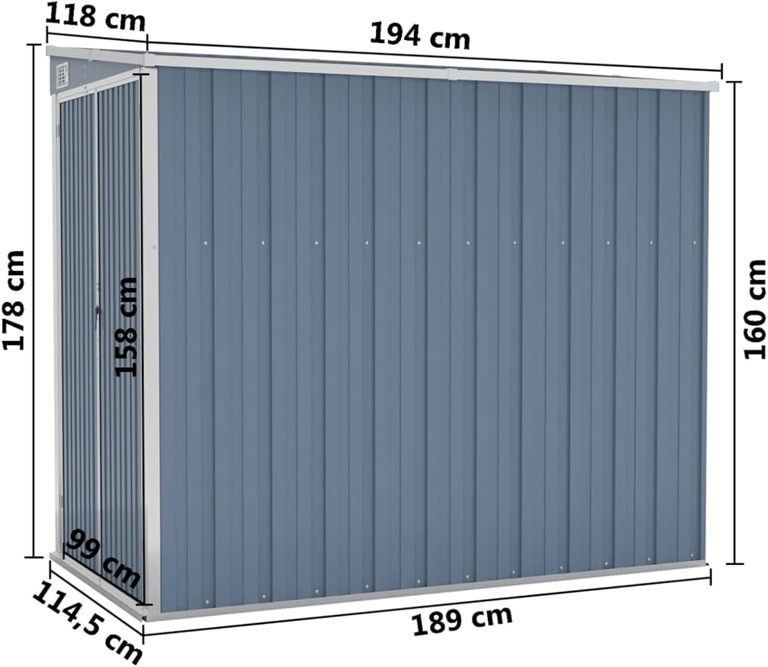 Abri de jardin mural en acier galvanisé gris 118 x 194 x 178 cm