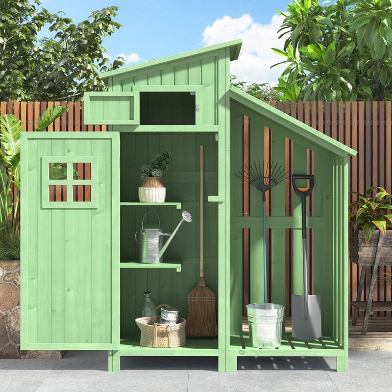 Abri de Jardin en Bois 124x46x174cm,Rangement Outils de Jardin,Cabane de Jardin Extérieur avec Serrure en PVC incliné à loquet,Vert