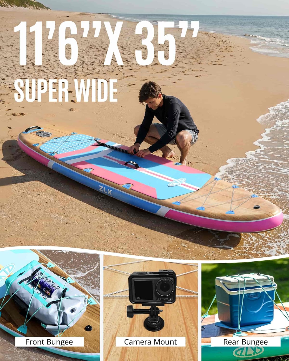 ZLX Paddle Gonflable 350 x 89 cm Extra Large Sup | Planche Stable Antidérapante, Aileron Amélioré, Accessoires Premium, Sac & Pompe Haute Pression, pour Adultes Tous Niveaux avec Siège Gonflable