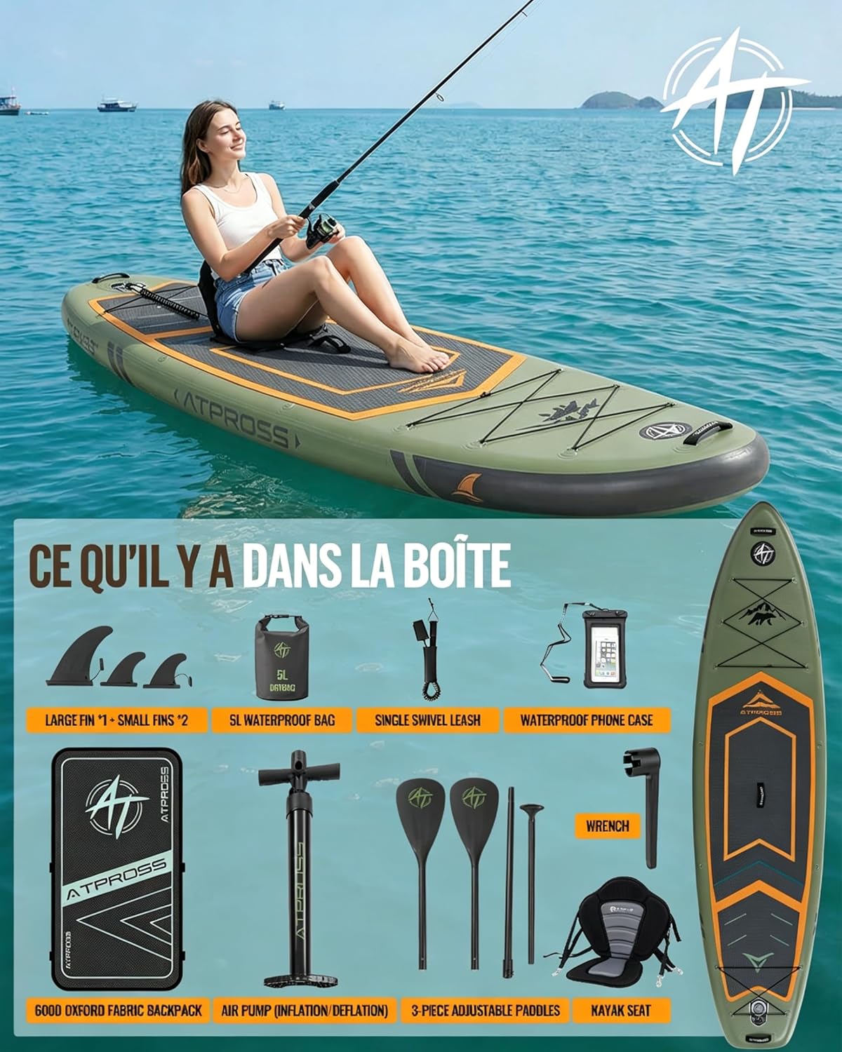 Stand Up Paddle Gonflable Adulte avec Siège Kayak & Accessoires, 320x84cm Planche de Sup Extra Large pour 2 Personnes, Charge 200kg, Kayak Gonflable 2 Places Stable et Antidérapant pour Surf