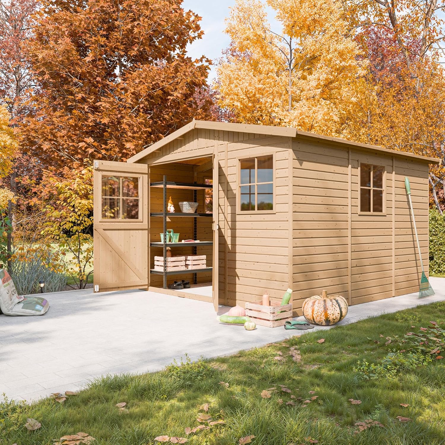 Abri de Jardin en Bois Naturel - Stockage extérieur avec fenêtres- H226x316x324 cm/9 m² Hangar en Bois Naturel - Atelier Rangement Outils et vélos- jardinite M335