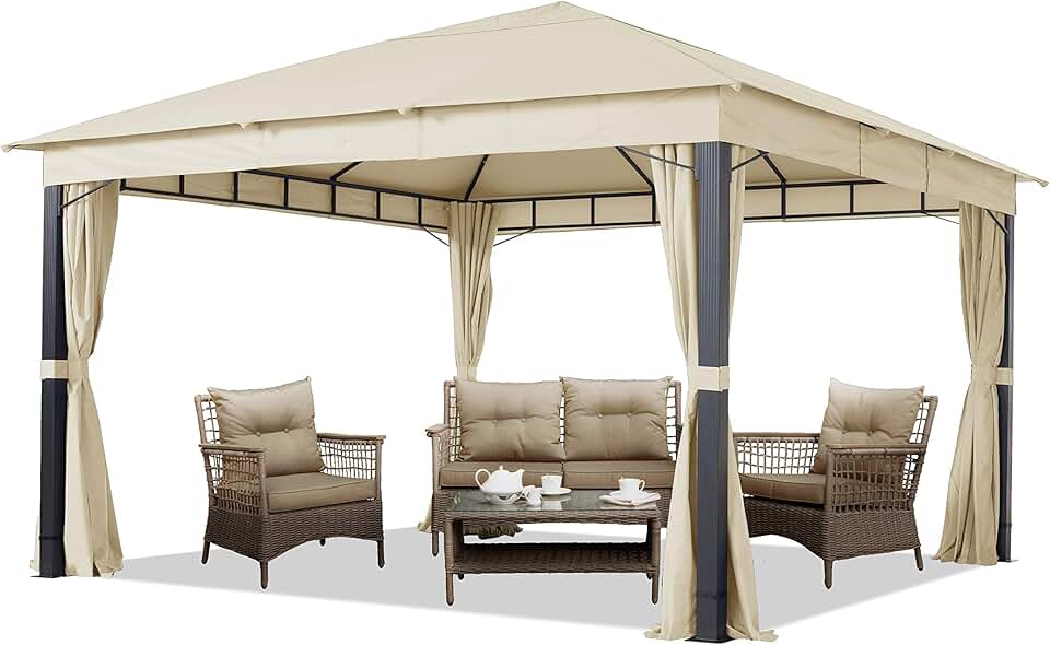 Pavillon de Jardin - ALU Premium - 4x4 m - bâche 220g/m² imperméable, 4 côtés, Champagne