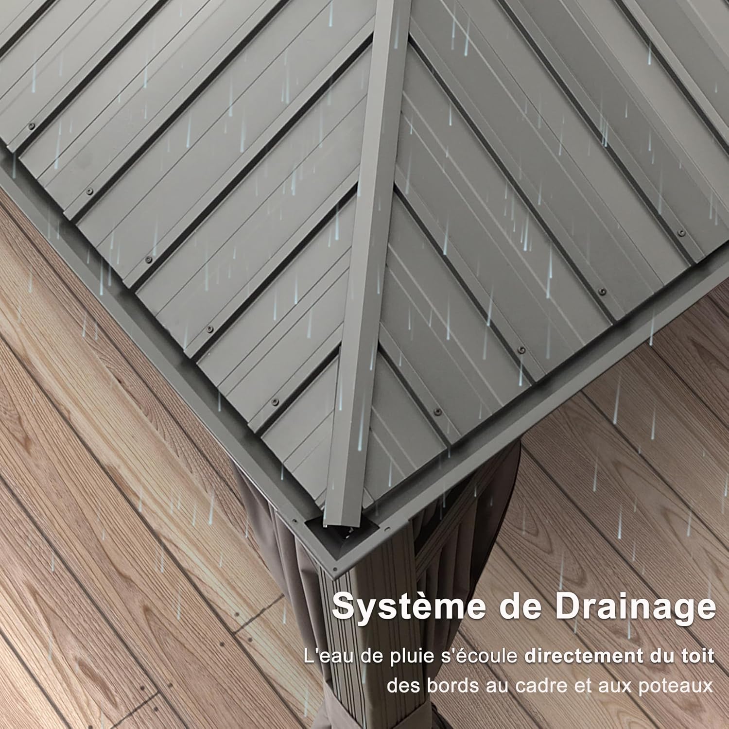 jardinite - tonnelle aluminium série - 4,85x3,65m - éclairage intégré, rideaux moustiquaires, gouttière, gris
