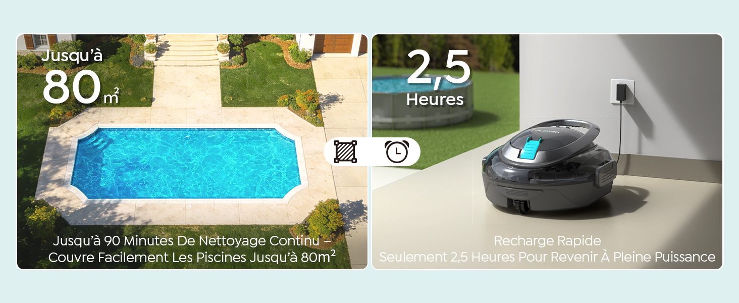Texte visible : « 2,5 », « 80 ». Plusieurs panneaux promotionnels présentant des aspirateurs robotiques dans différents environnements, notamment au bord de la piscine et à l'intérieur.