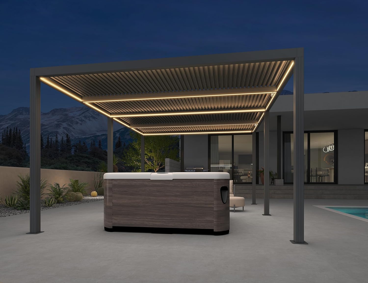 jardinite - Pergola bioclimatique - 6 x 3,68 m - alu, LED, gouttières, gris