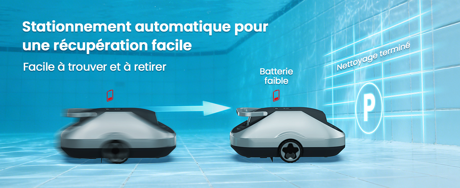 Le texte indique « Stationnement automatique pour une récupération facile » et « Facile à trouver et à rater ». Images teintées en bleu montrant les caractéristiques de stationnement d'un produit.
