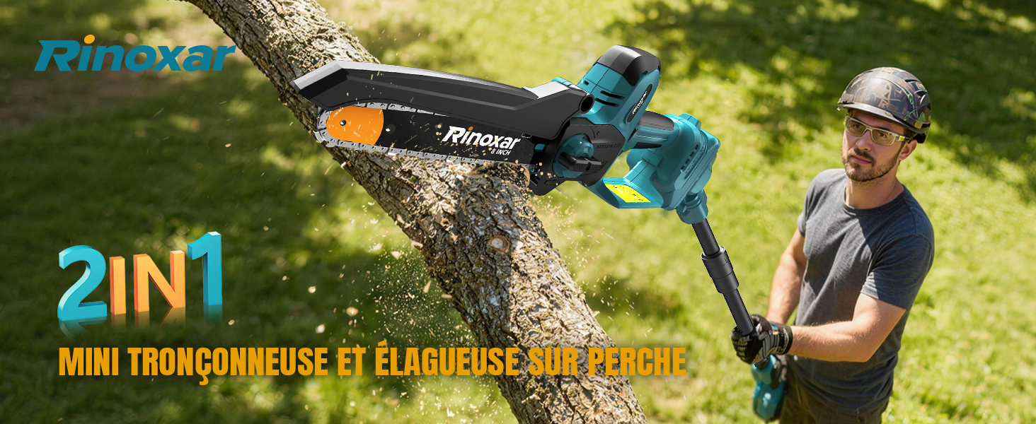 Le texte indique « 2EN1 » et « MINI TRONÇONNEUSE ET ÉLAGUEUSE SANS CHARBONS ». Personne portant un casque de sécurité et utilisant une tronçonneuse sans fil 2 en 1 et un outil d'élagage orange et bleu à l'extérieur.