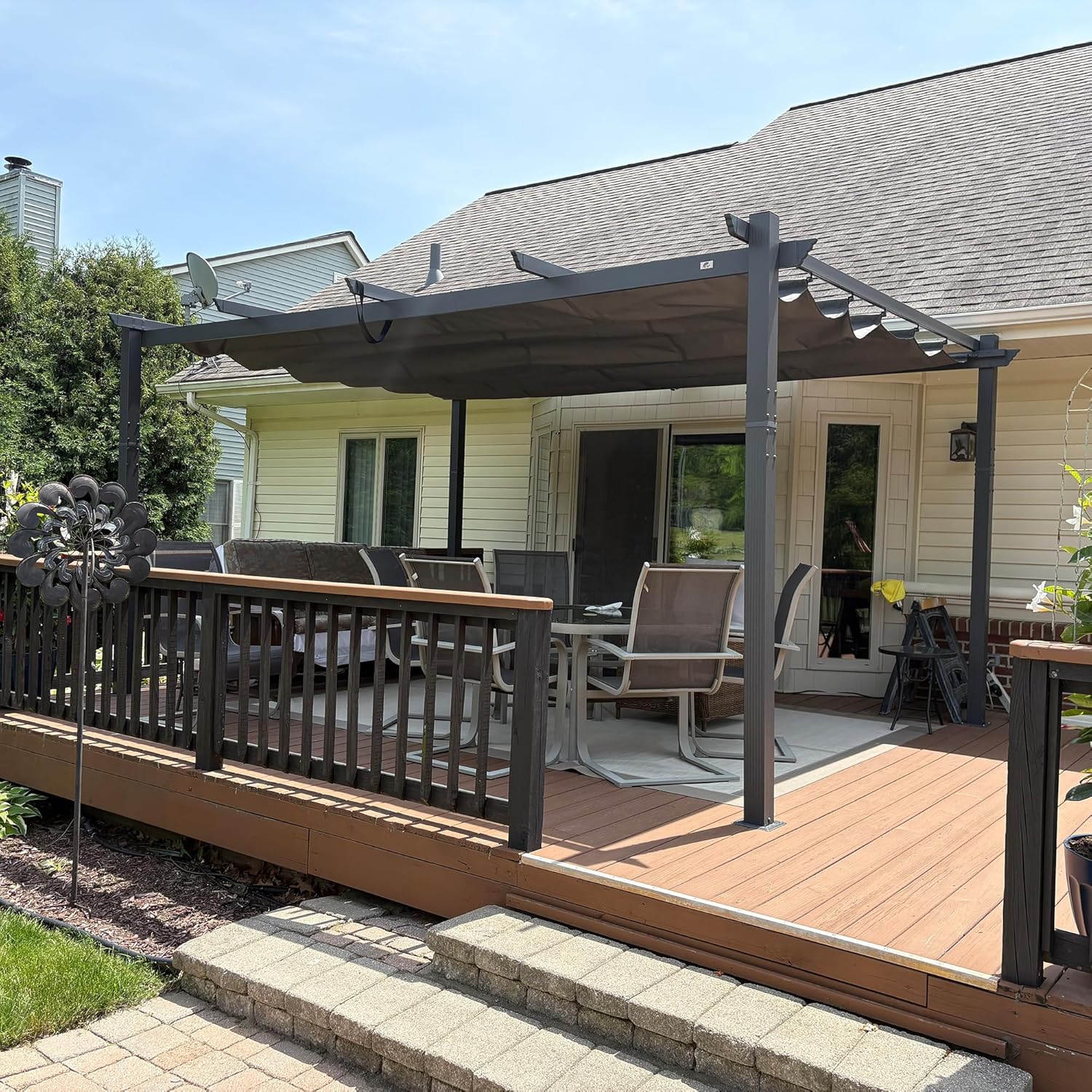 jardinite - Pergola aluminium - 4,8x3,5m - toit coulissant, tissu teint en fil, gris