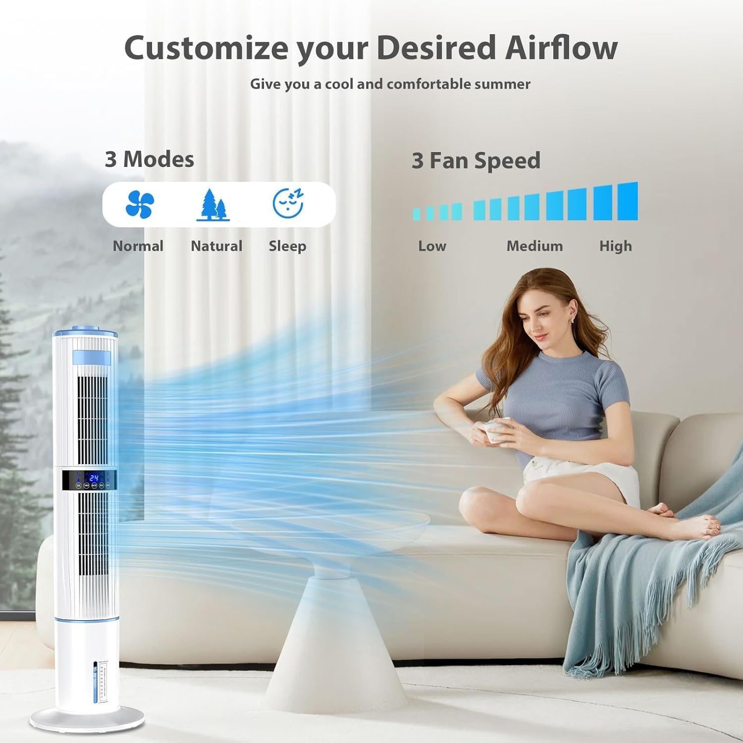 Climatiseur Mobile Silencieux Portable Rafraîchisseur d'air 360° Oscillation, Sortie d'air Double, 24H Minuteries, 65W, 4 Modes et 3 Vitesses avec Télécommande pour Chambre, Bureau, Cuisine