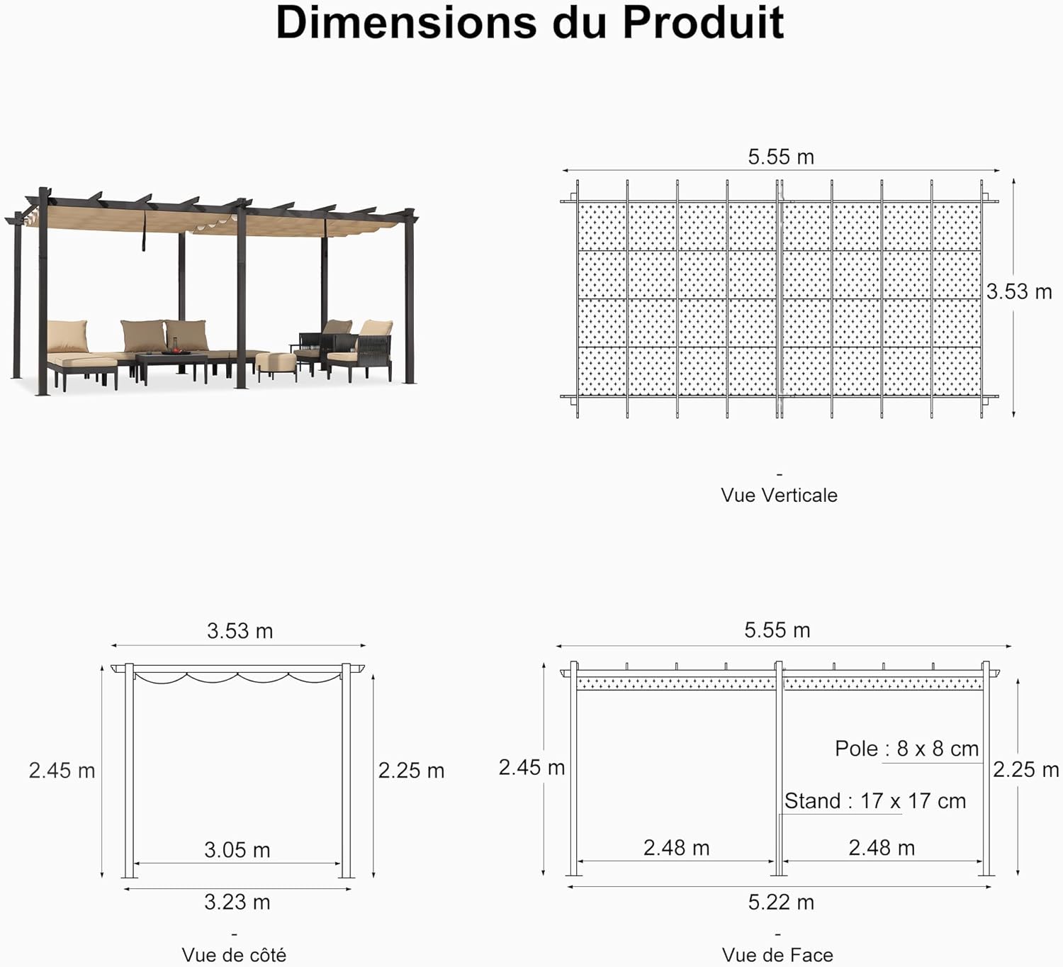 jardinite - pergola aluminium 5,5x3,5m toit rétractable LED kaki