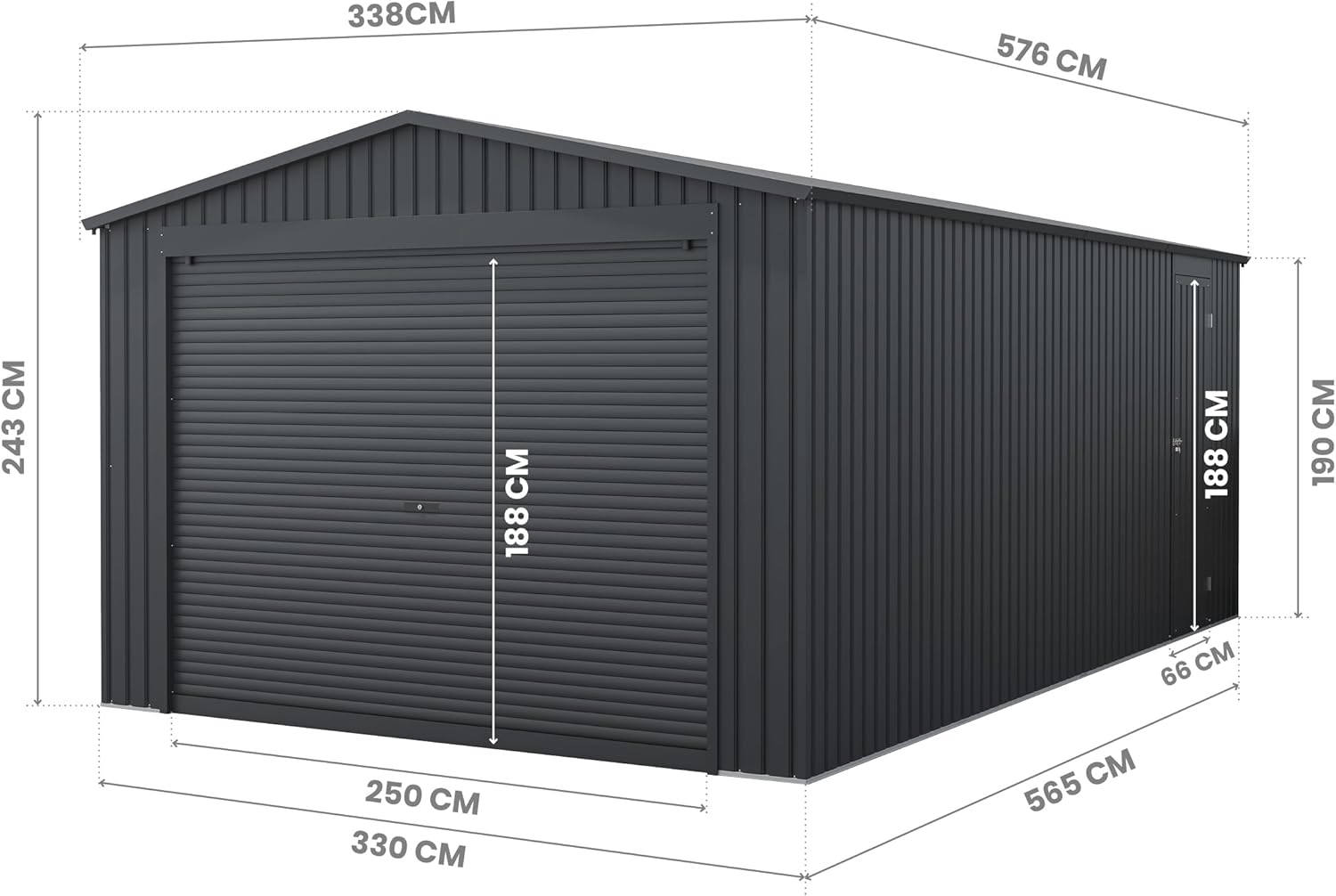 Jarama - Garage métal série extérieure - 576x338x243cm - grande porte enroulable, 19,52m²