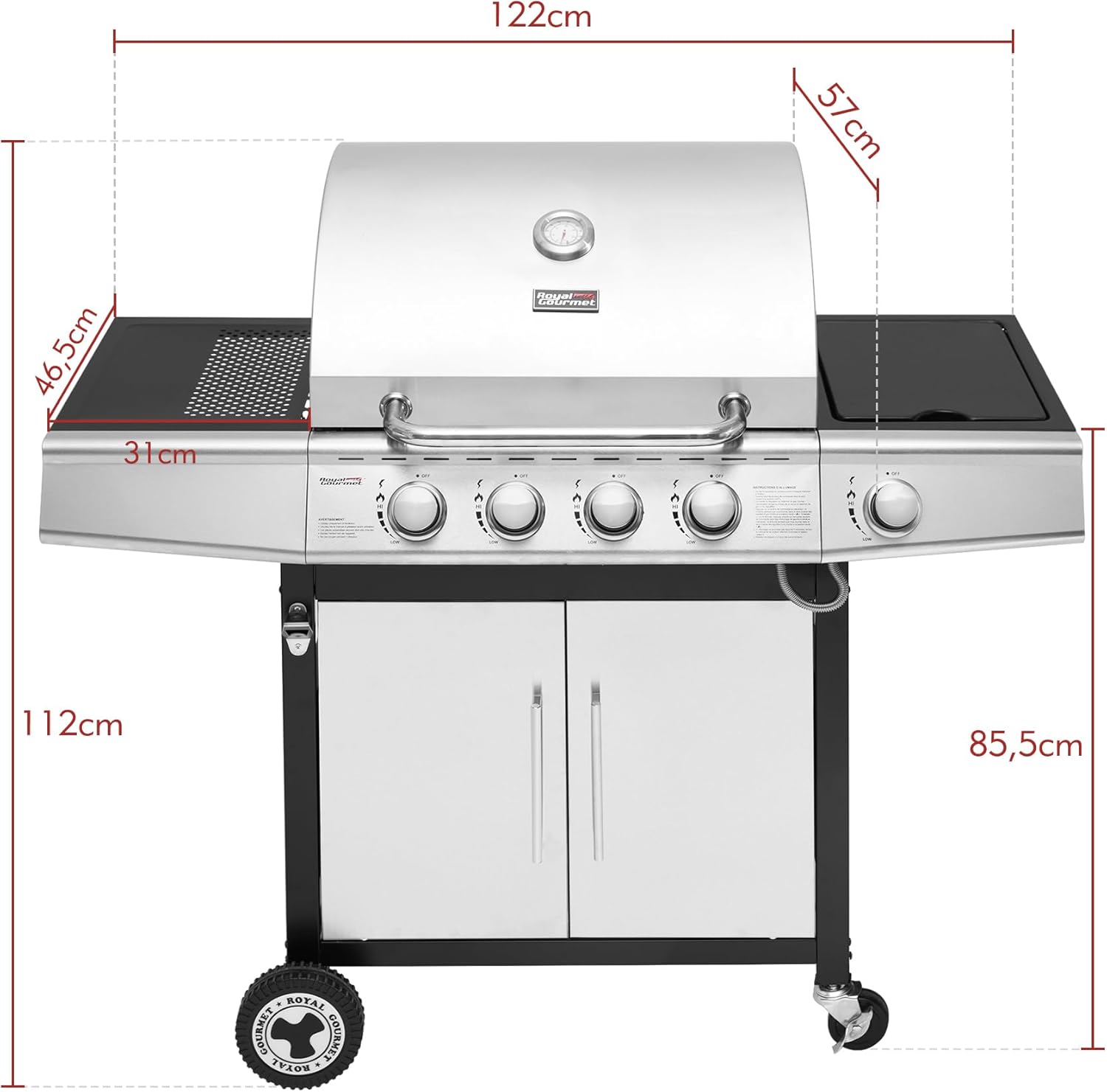jardinite - Barbecue Gaz 4+1 brûleurs inox - 14,5kW - 2 portes, thermomètre, roues directionnelles