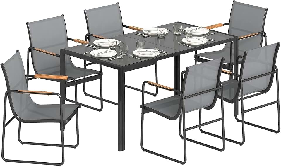jardinite - Ensemble salle à manger 6 places - table verre, structure acier - gris