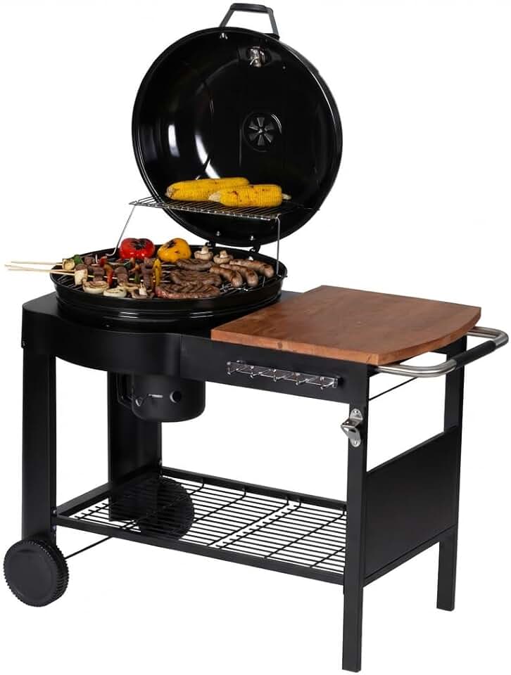 jardinite - Barbecue Calgary - acier/bois - couvercle thermomètre, tablettes, 2 roues, noir
