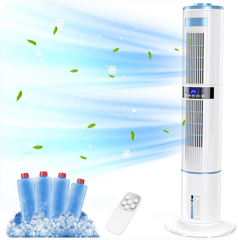Climatiseur Mobile Silencieux Portable Rafraîchisseur d'air 360° Oscillation, Sortie d'air Double, 24H Minuteries, 65W, 4 Modes et 3 Vitesses avec Télécommande pour Chambre, Bureau, Cuisine