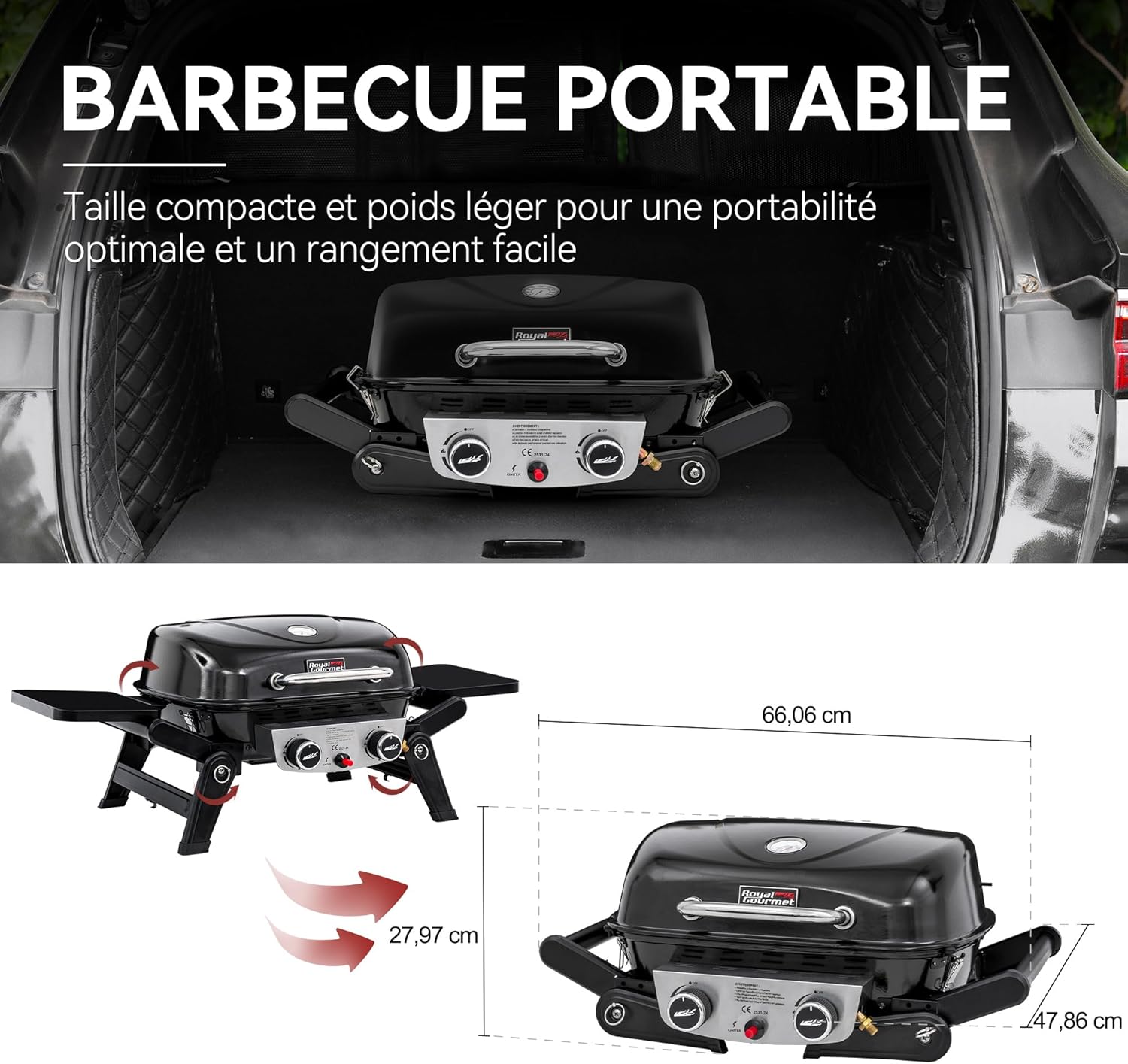 jardinite - Barbecue Gaz 2 brûleurs - 48x37 cm - tables pliables, 5kW