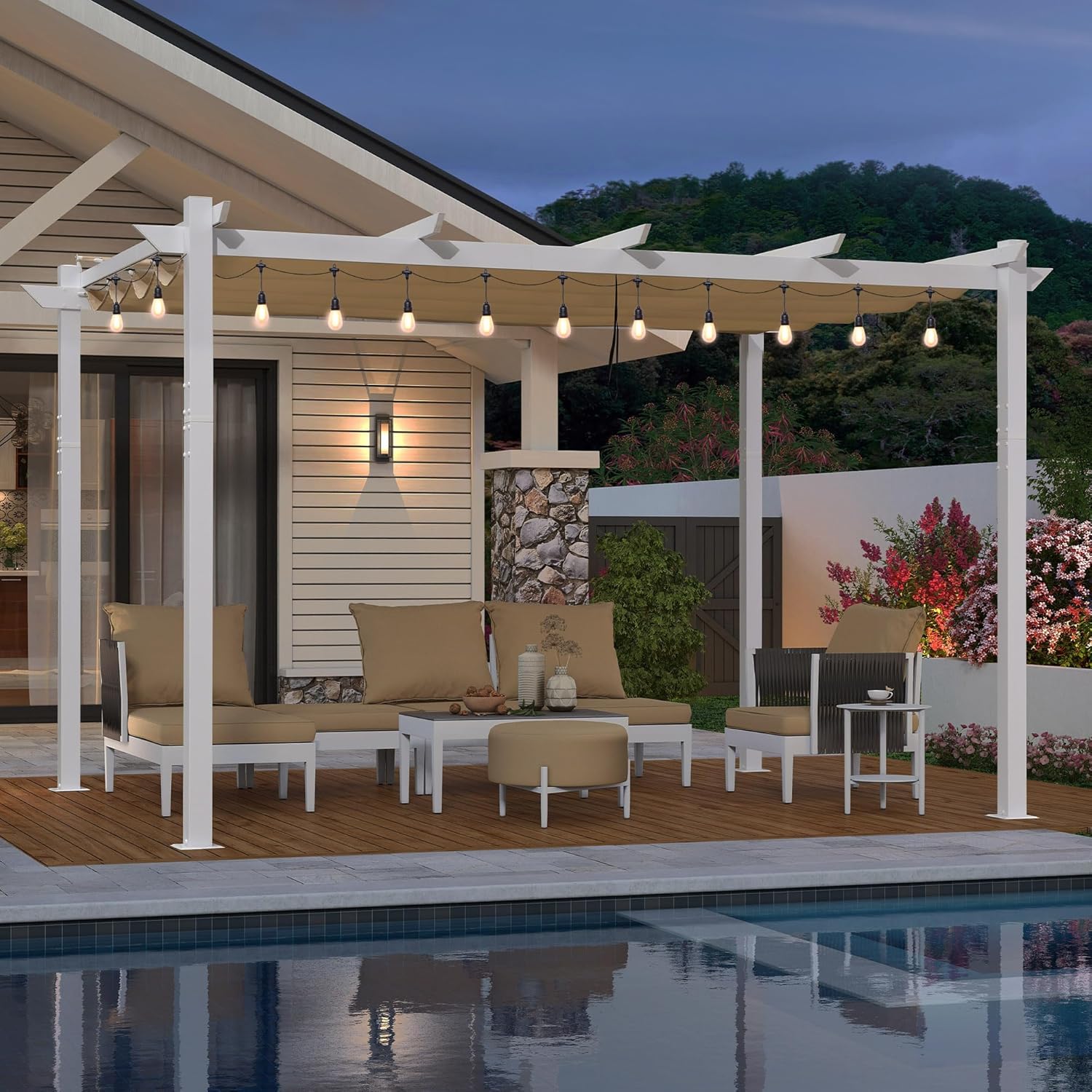 jardinite - Pergola aluminium - 4x3m - éclairage intégré, toit kaki