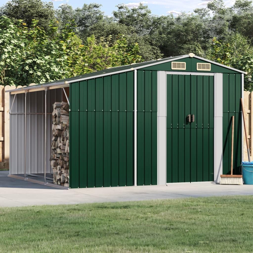 Abri de jardin acier galvanisé - toit incliné, trémie à charbon - 277x279x179 cm - rangement extérieur vert