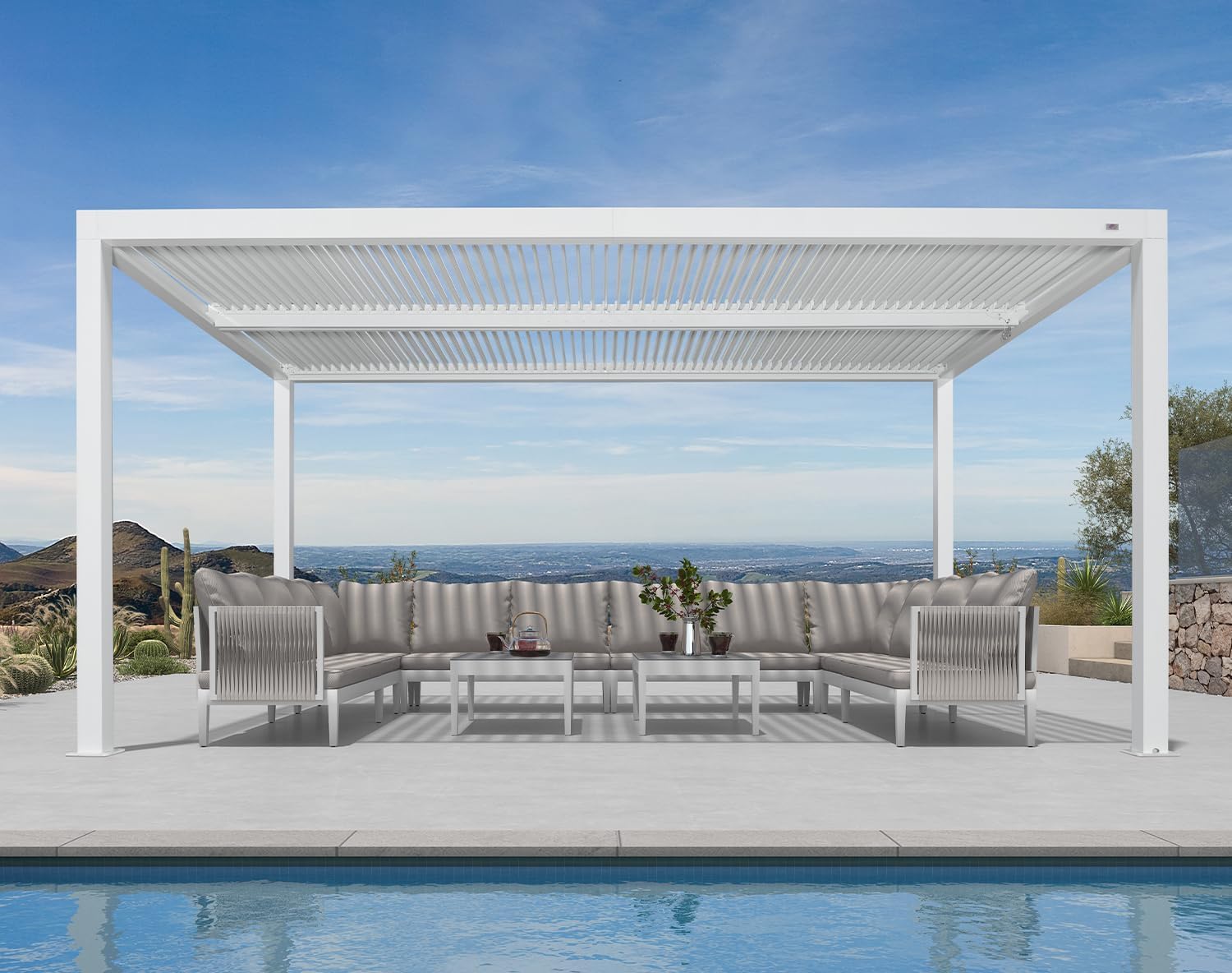 jardinite - Pergola bioclimatique aluminium 4,6x3,3m, lames orientables, blanc
