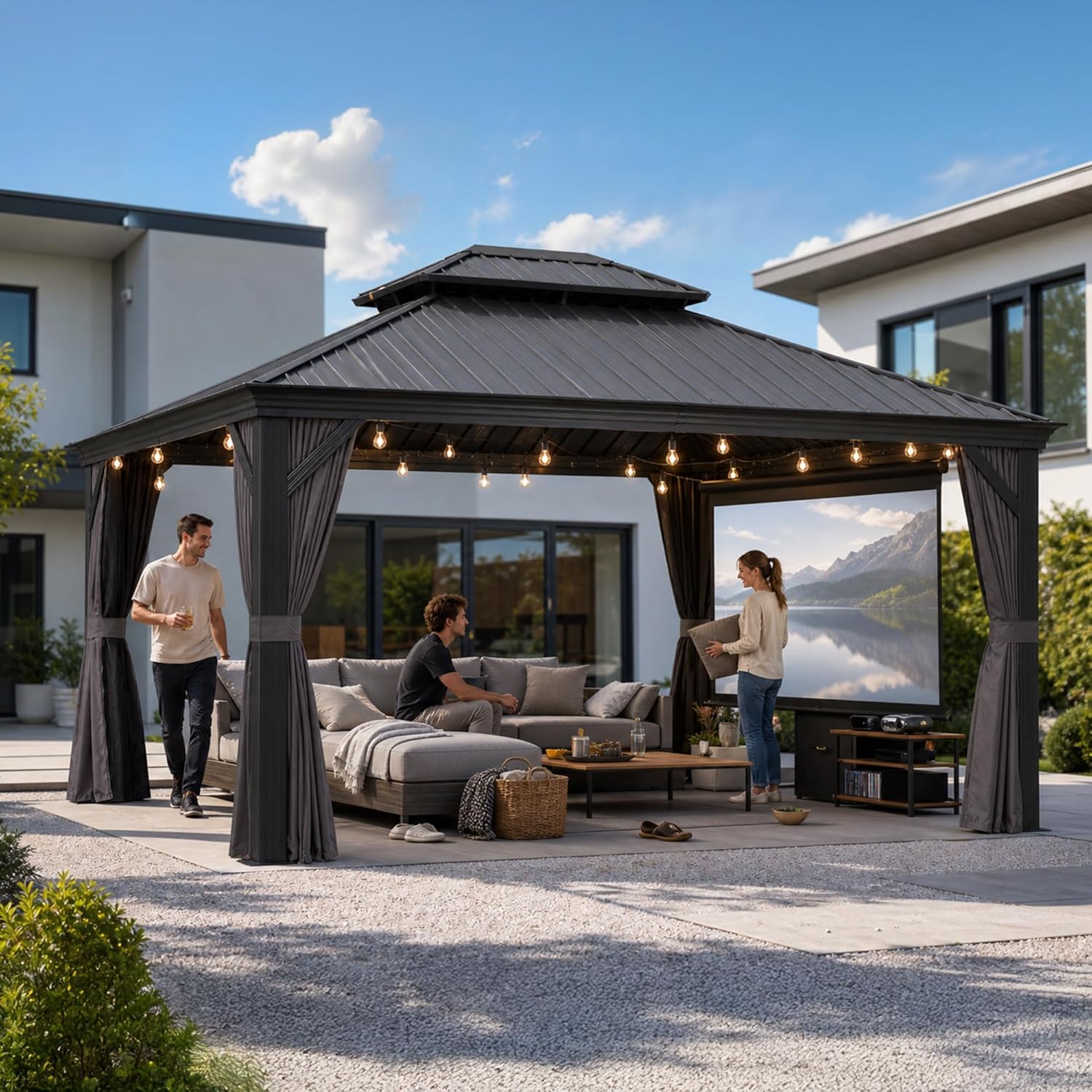 jardinite - tonnelle jardin - 4,25x3,65m - toit acier, moustiquaire, rideaux, poteaux renforcés