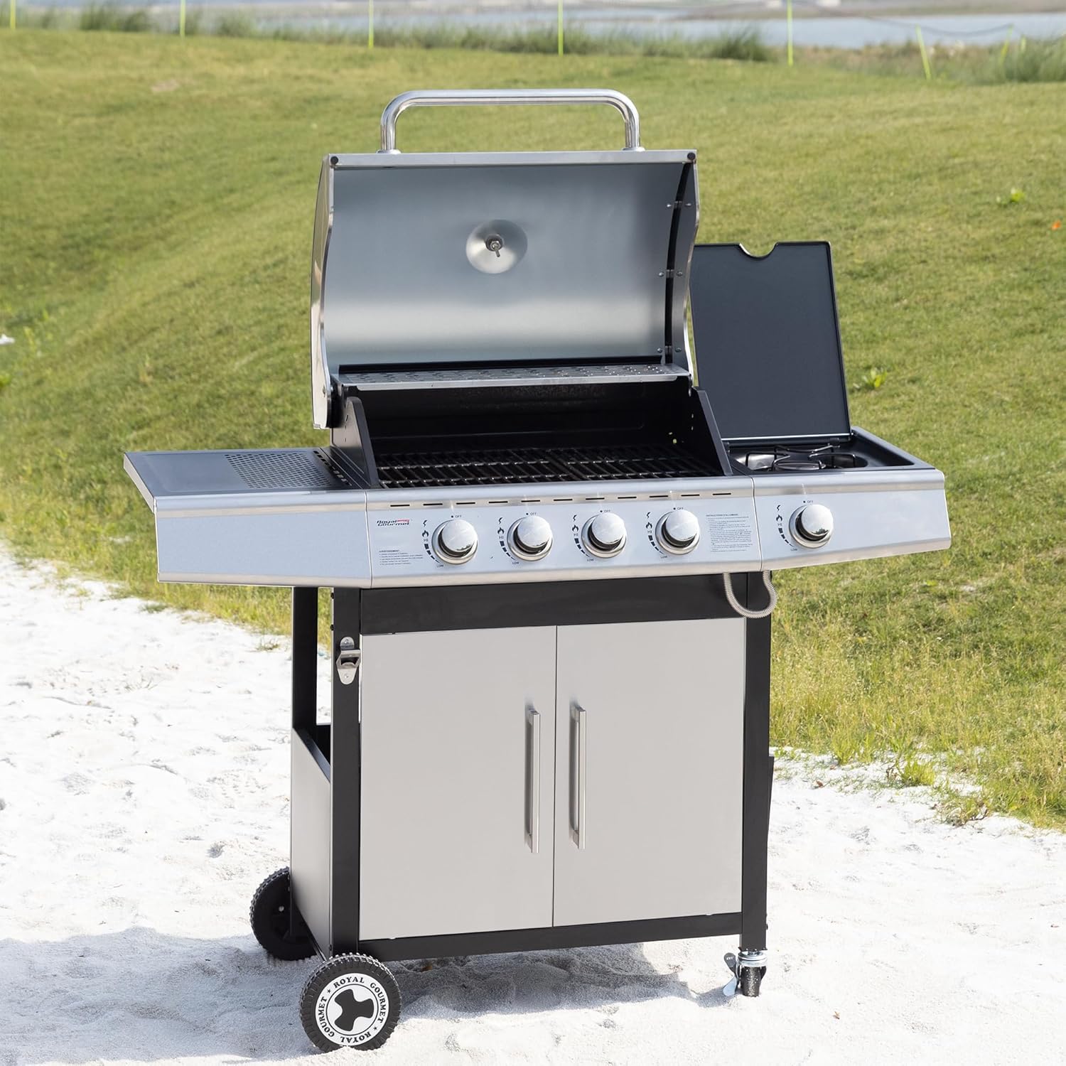 jardinite - Barbecue Gaz 4+1 brûleurs inox - 14,5kW - 2 portes, thermomètre, roues directionnelles