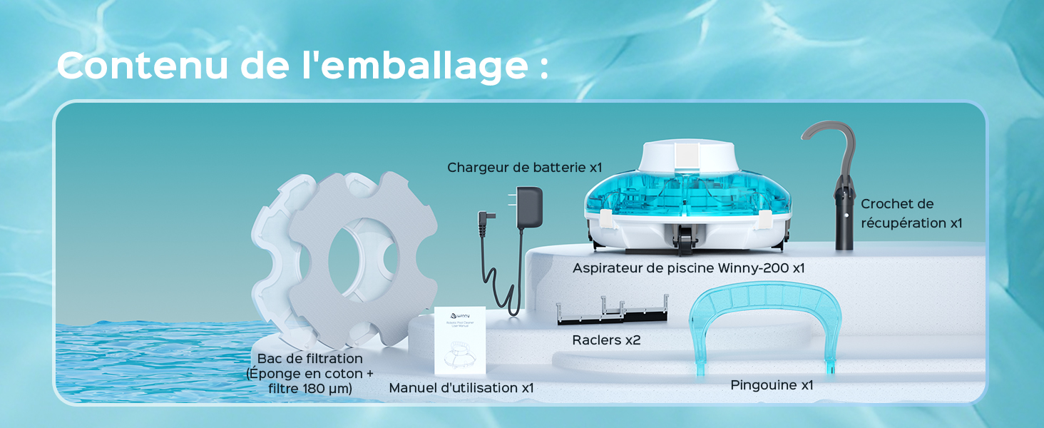 Le texte indique « contenu de l'emballage ». Présentoir d'emballage turquoise montrant des couvercles alimentaires en maille blanche, des contenants de rangement et des accessoires de cuisine disposés selon un ensemble de produits.