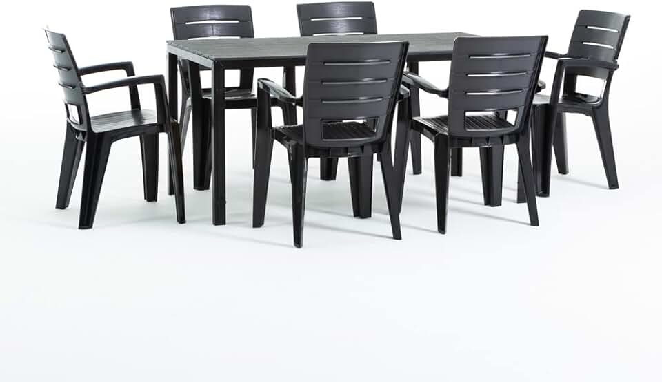 Thomas & Anita - Ensemble repas 6 places - table acier 180x90cm et chaises empilables effet bois