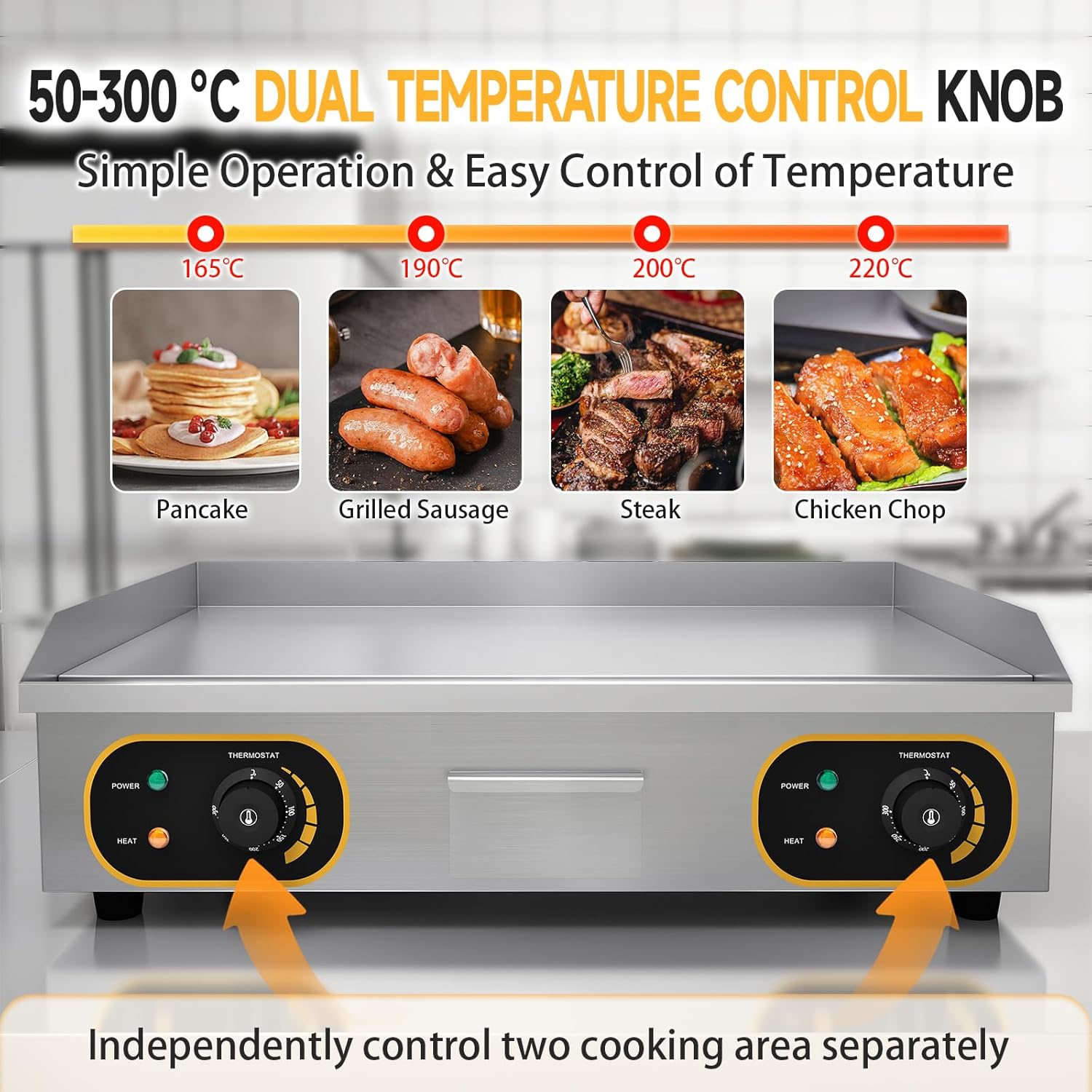 Plancha électrique inox professionnelle 73x43cm 4400W, 2 thermostats