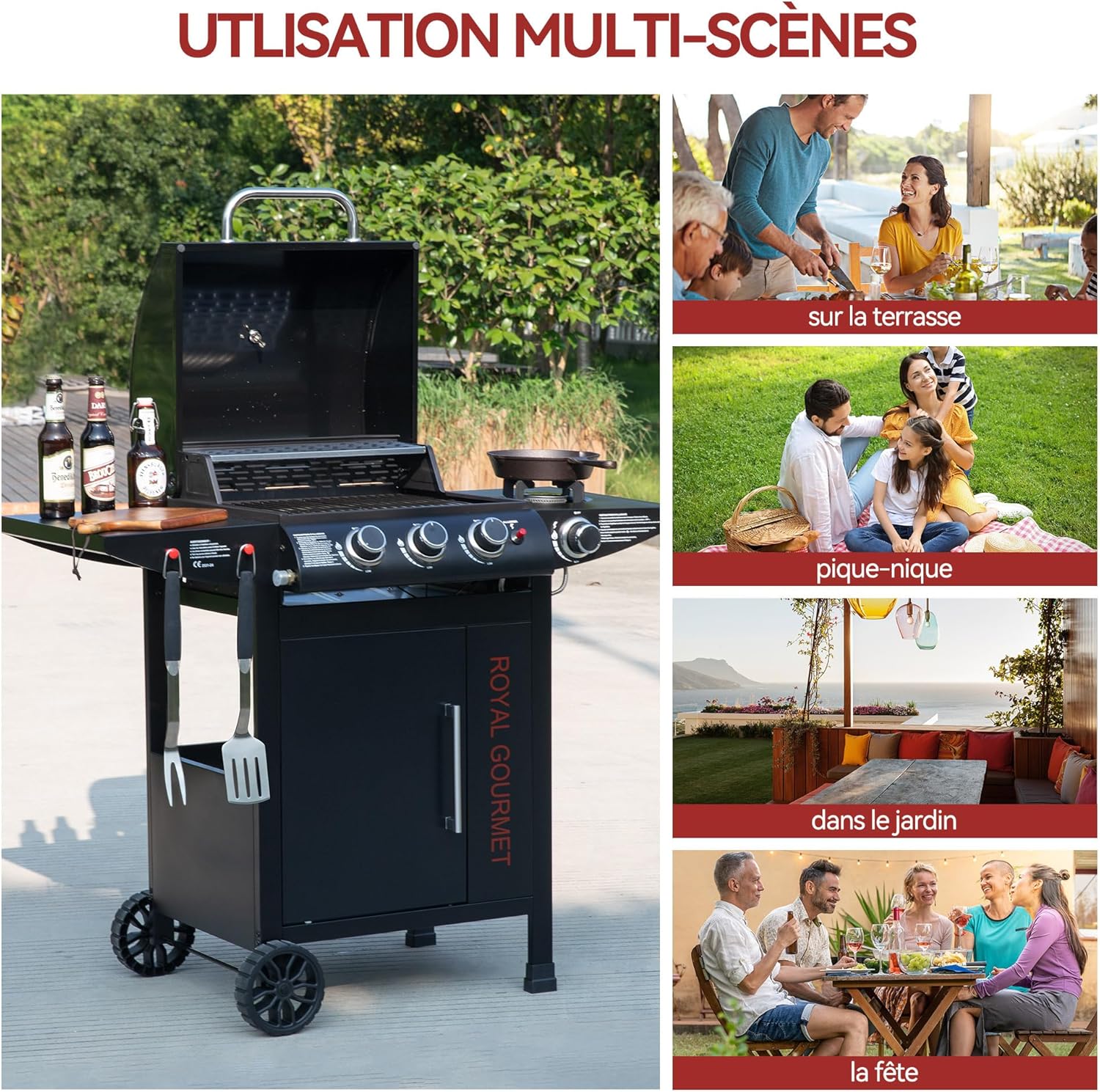 jardinite - barbecue gaz 3+1 brûleurs inox - 11,5 kW - chariot, 2 roues, thermomètre