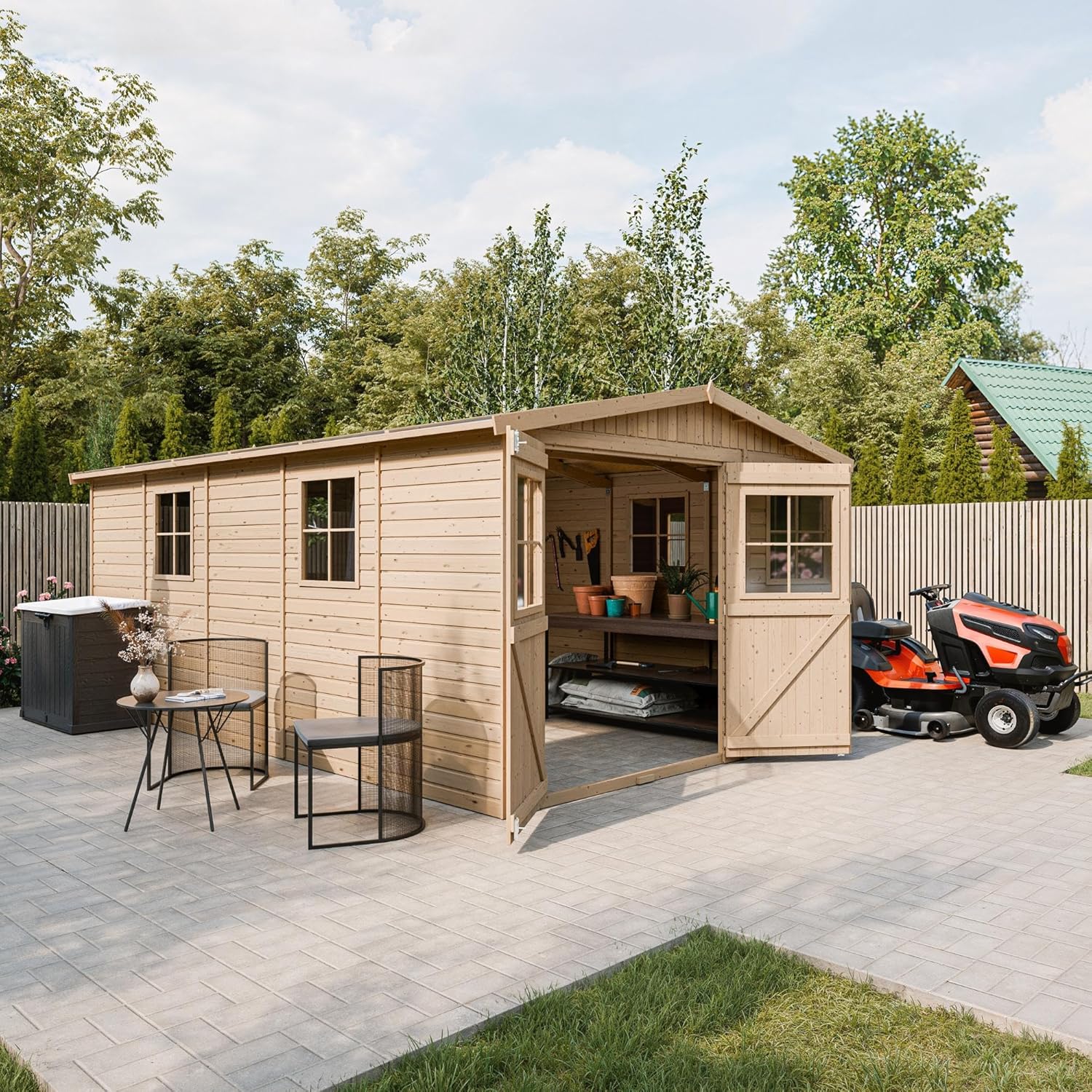 Abri de Jardin en Bois Naturel - Stockage extérieur avec fenêtres- H226x324x516 cm/15 m² Hangar en Bois Naturel - Atelier Rangement Outils et vélos- jardinite M337