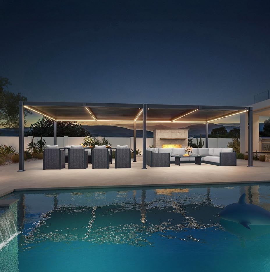 jardinite - Pergola bioclimatique - 3,5x8,5m - aluminium, lames LED, étanche