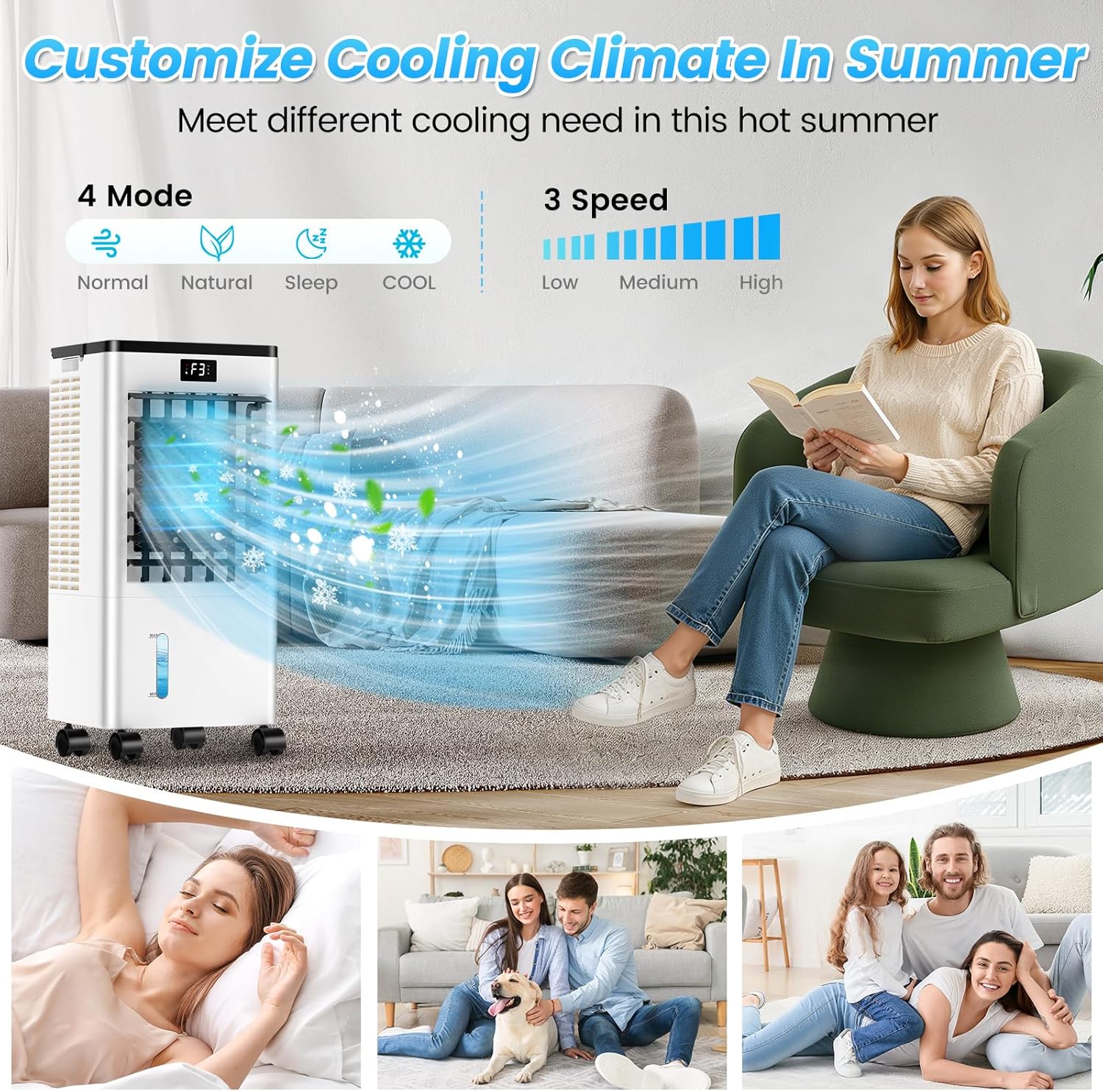 Climatiseur mobile - silencieux, 12h minuterie, 3 vitesses, télécommande, blanc