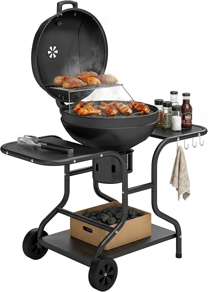 jardinite - barbecue rond extérieur - 66x55x98cm - couvercle, roues, thermomètre