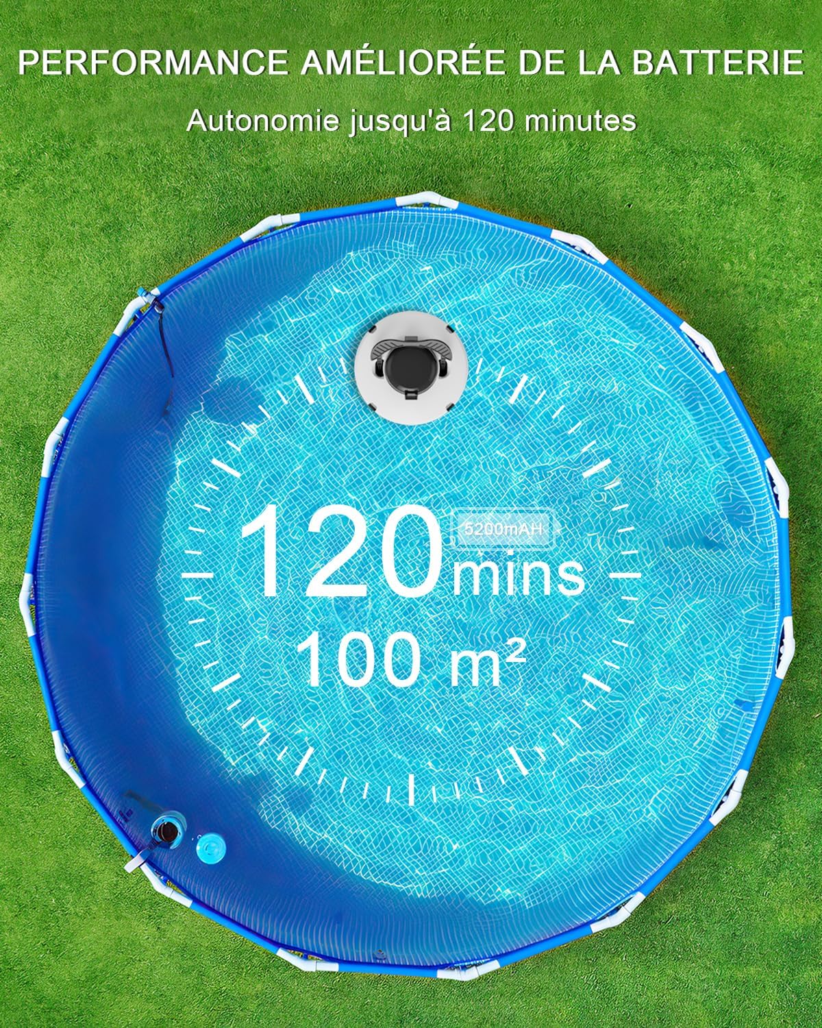 Robot Piscine sans Fil - Double moteur - 100㎡ - Aspiration puissante, 120 min, auto-stationnement