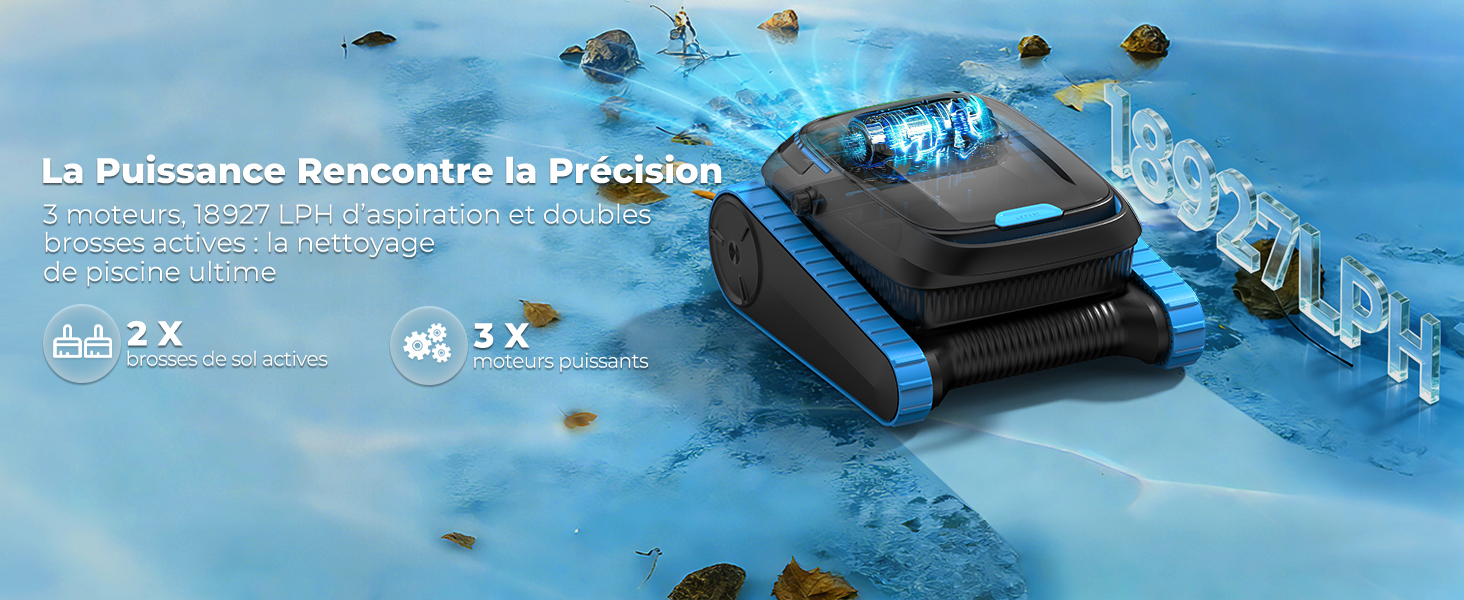Le texte se lit comme suit : « La Puissance Rencontre la Précision ». Drone noir aux accents bleus affiché à la surface de l'eau avec des éléments d'interface numérique et des formes géométriques flottantes sur fond bleu.