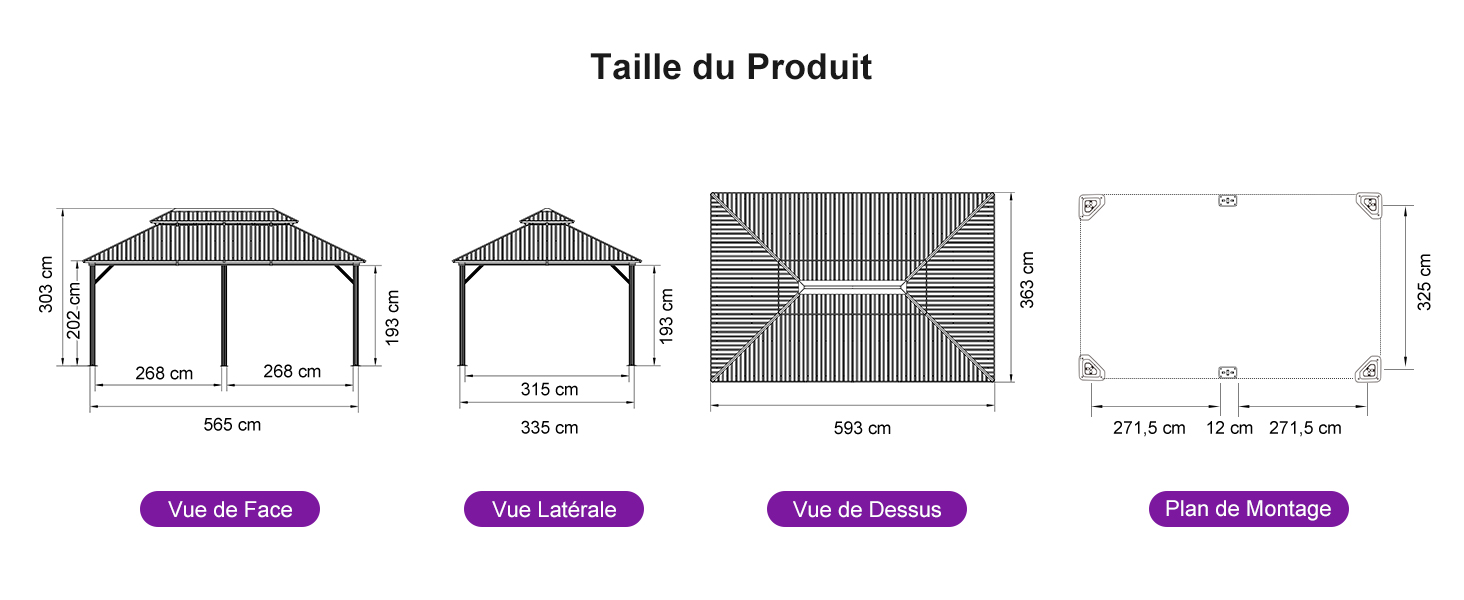 Le texte se lit comme suit : « Plans du Projet ». Dessins techniques d'architecture montrant plusieurs vues d'une structure avec des mesures et des dimensions marquées.