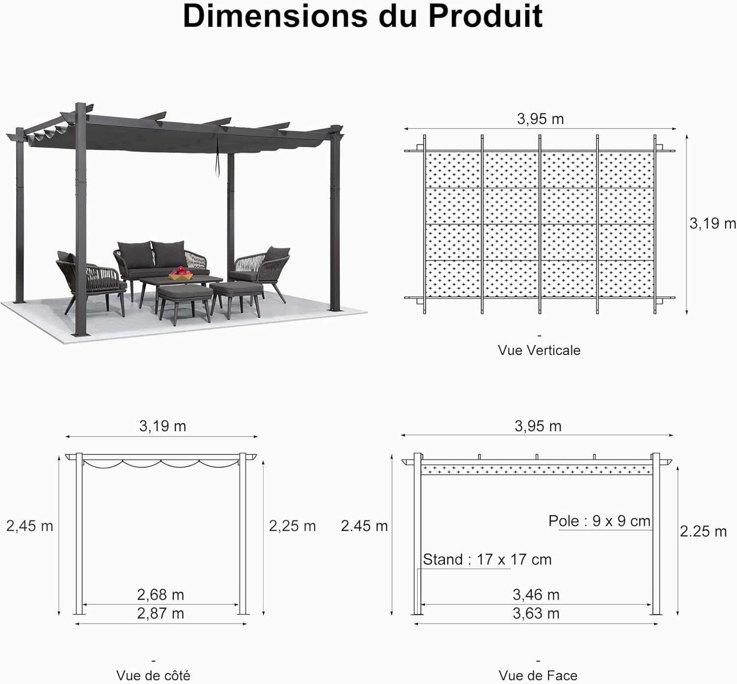 jardinite - pergola aluminium - 4 x 3,2 m - toit coulissant, tissu teint, gris