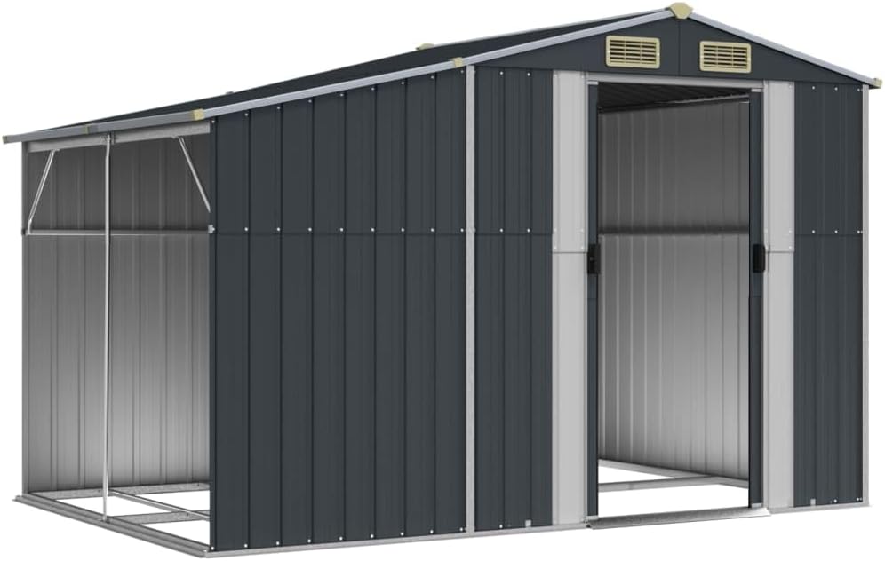 Abri de jardin en acier galvanisé – Soute à outils en métal avec toit incliné pour bûches et charbon – 277 x 192,5 x 179 cm – Solution de rangement extérieure durable en anthracite