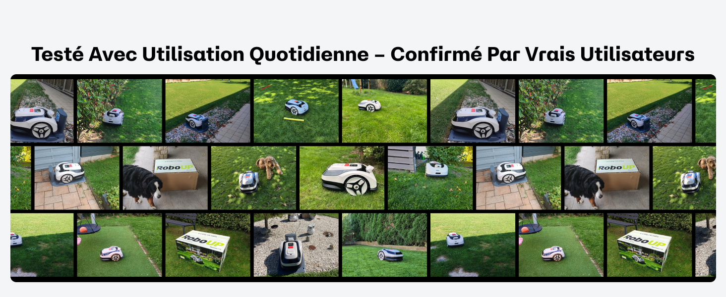 Le texte se lit comme suit : « Testé avec utilisation quotidienne - Confirmé Par Vrais Utilisateurs ». Grille de petites photos d'utilisation de produits en extérieur montrant la séquence des tests.