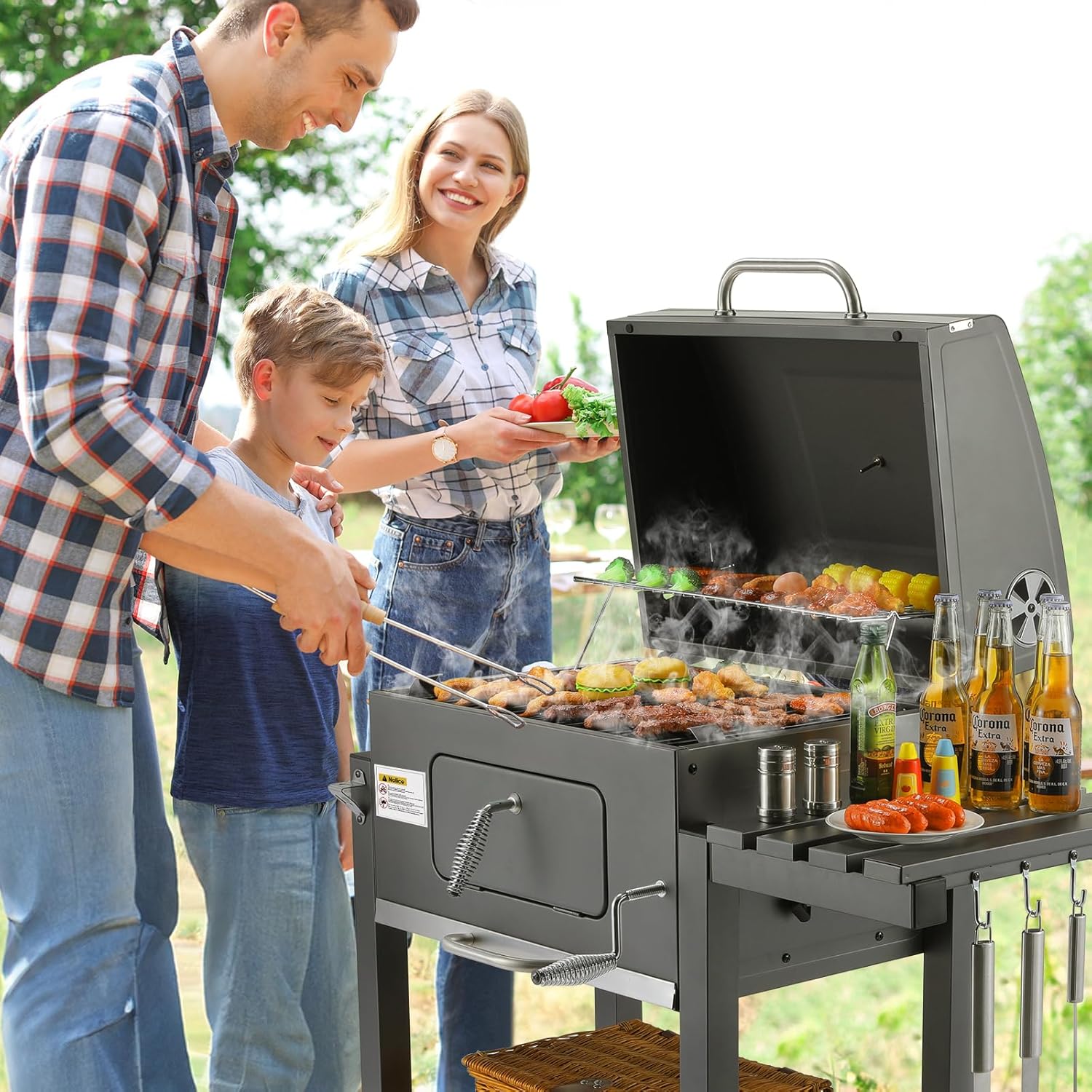 Barbecue charbon XL - chariot avec couvercle - hauteur réglable - roues, thermomètre, grande surface