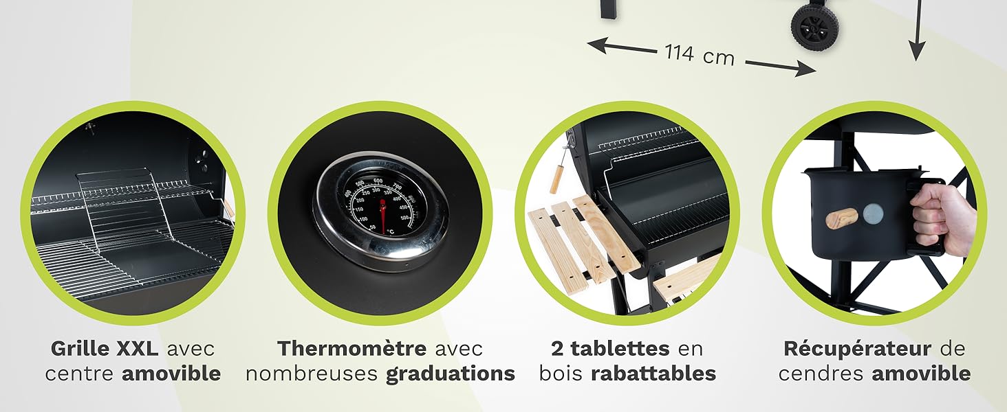 : gril XXL avec centre amovible, thermomètre à graduations multiples, 2 tables d'appoint pliantes en bois et récupérateur de cendres amovible. Dimensions indiquées : 114 cm de largeur.