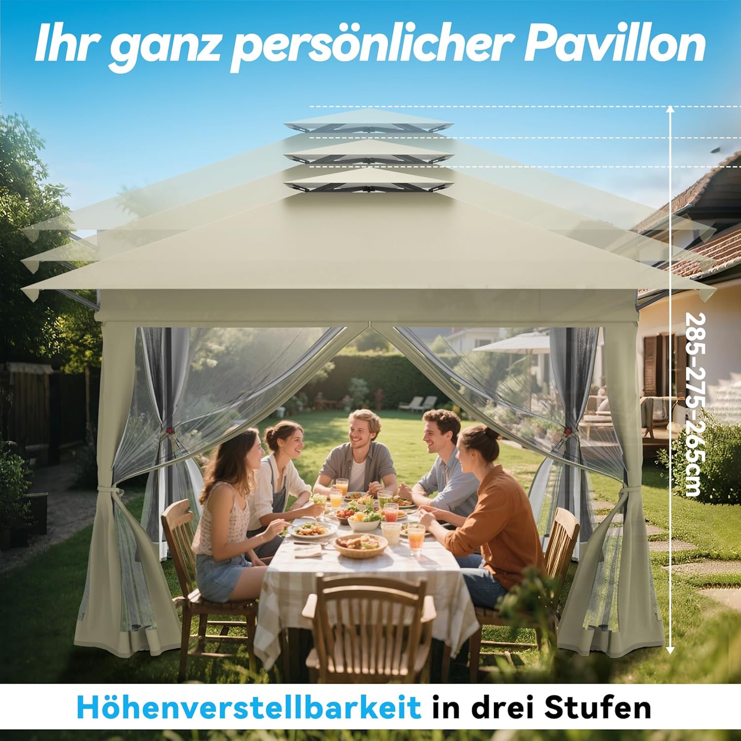 Tonnelle de jardin pop-up, 4x4m, imperméable, UV, pliable, kaki