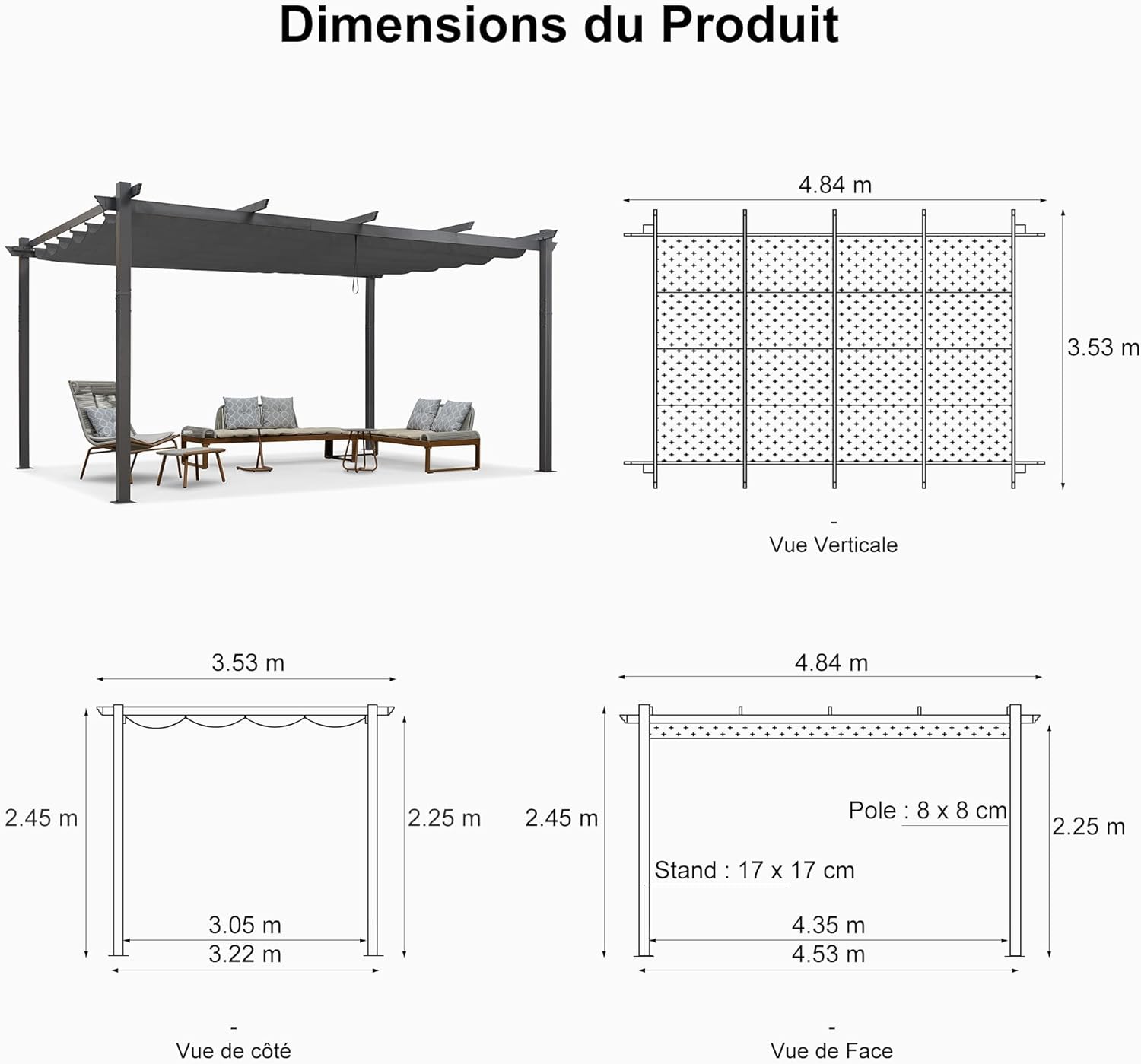 jardinite - pergola aluminium - 4,8x3,5m - LED, toit rétractable, tissu mass teinté, structure résistante