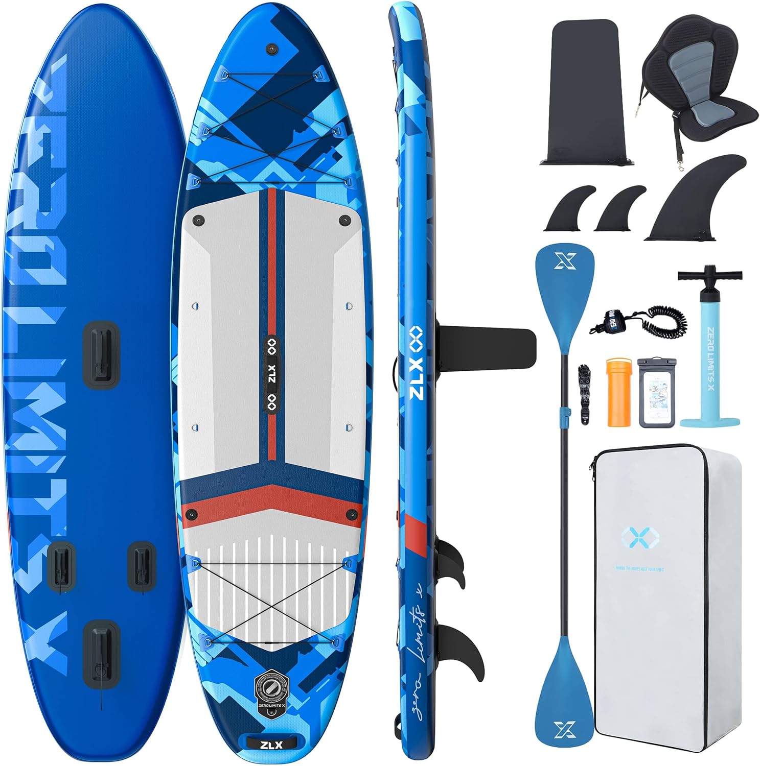 ZLX Paddle Gonflable 350 x 89 cm Extra Large Sup | Planche Stable Antidérapante, Aileron Amélioré, Accessoires Premium, Sac & Pompe Haute Pression, pour Adultes Tous Niveaux avec Siège Gonflable