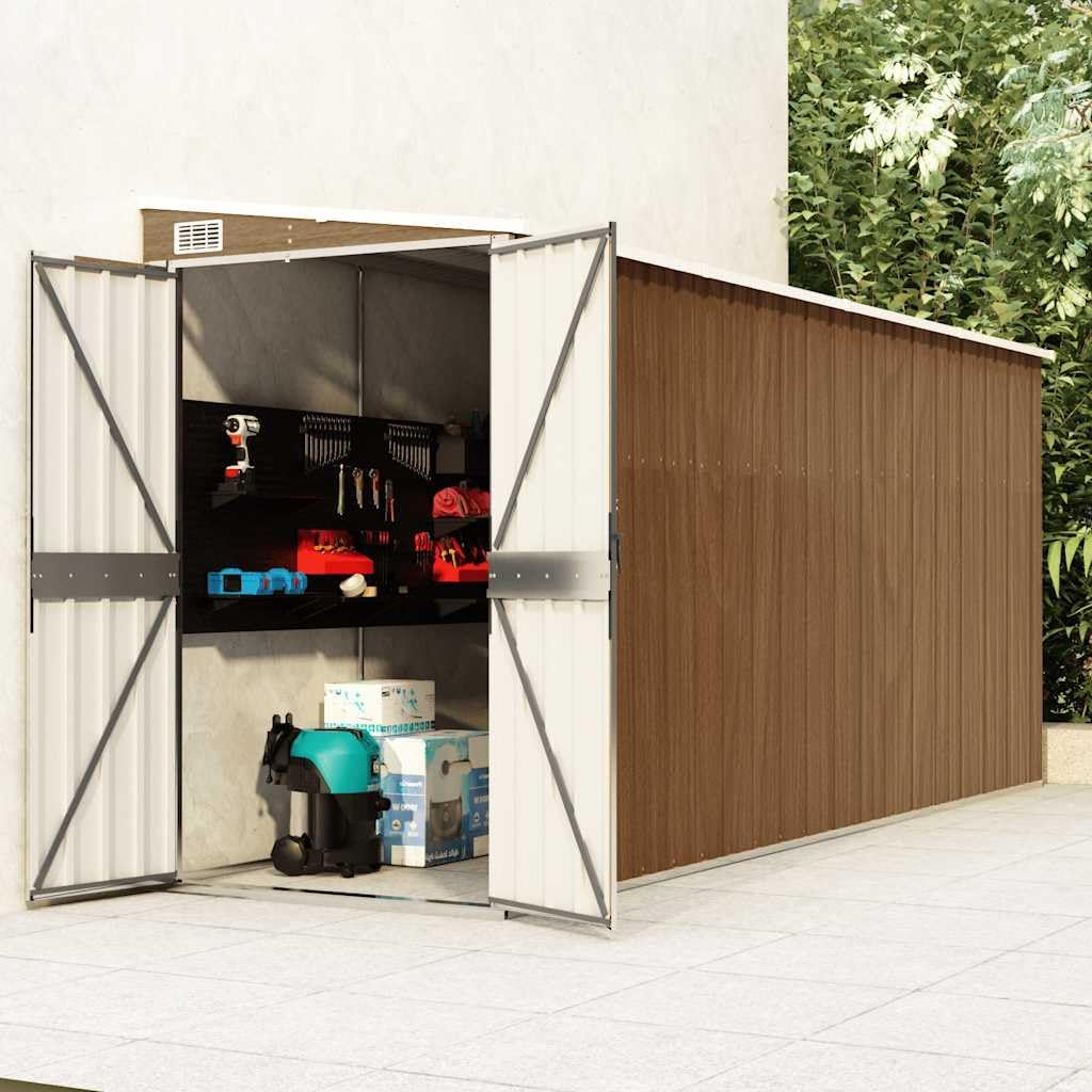 Abri de jardin mural en acier galvanisé, brun, 118x382x178 cm, robuste, 47.9KG